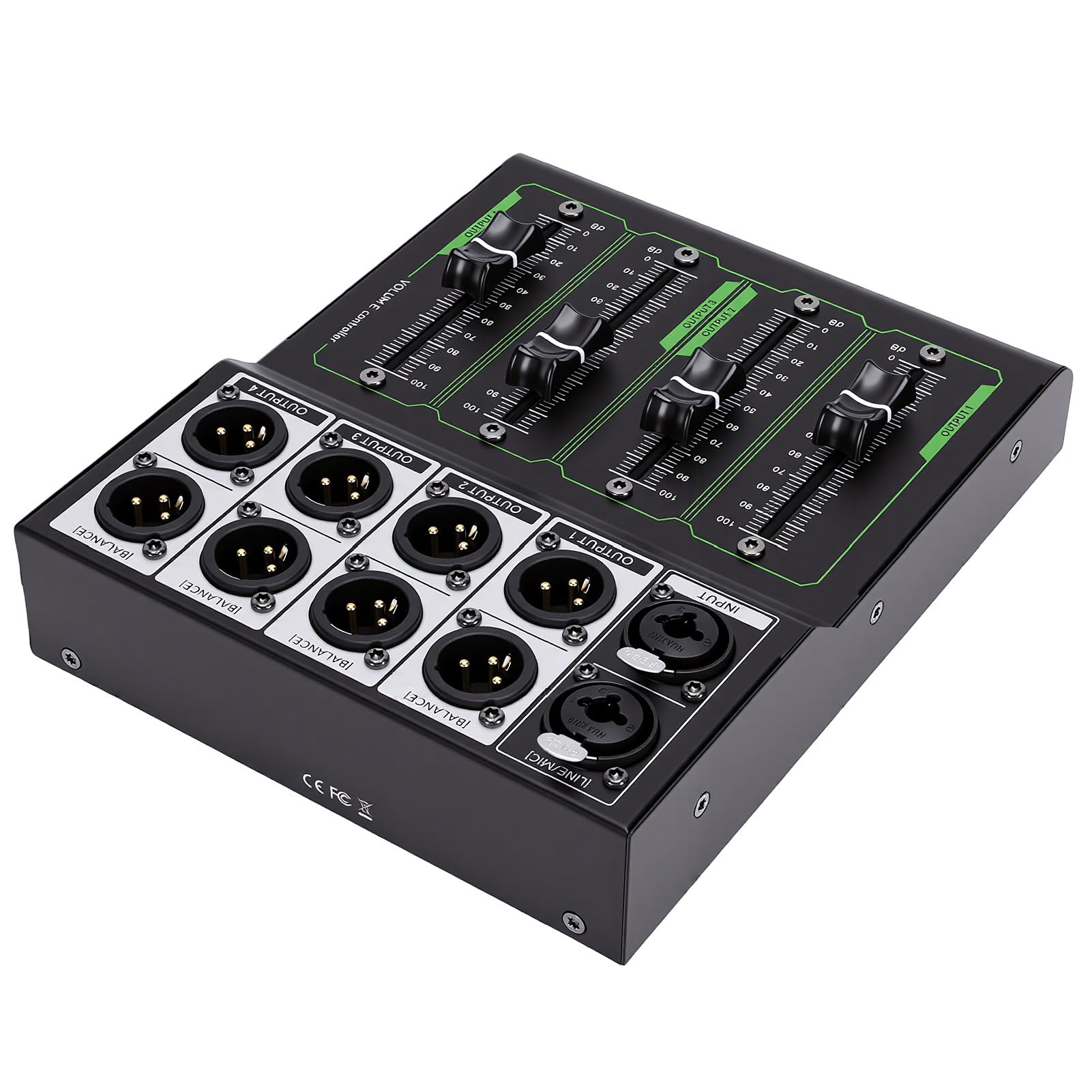 Bewinner Controller Volume Passivo Xlr per Mixer da Studio a 4 Canali | Corpo in metallo, fader da 70 mm, 1 ingresso 4 uscite, Home Theater, studio di registrazione