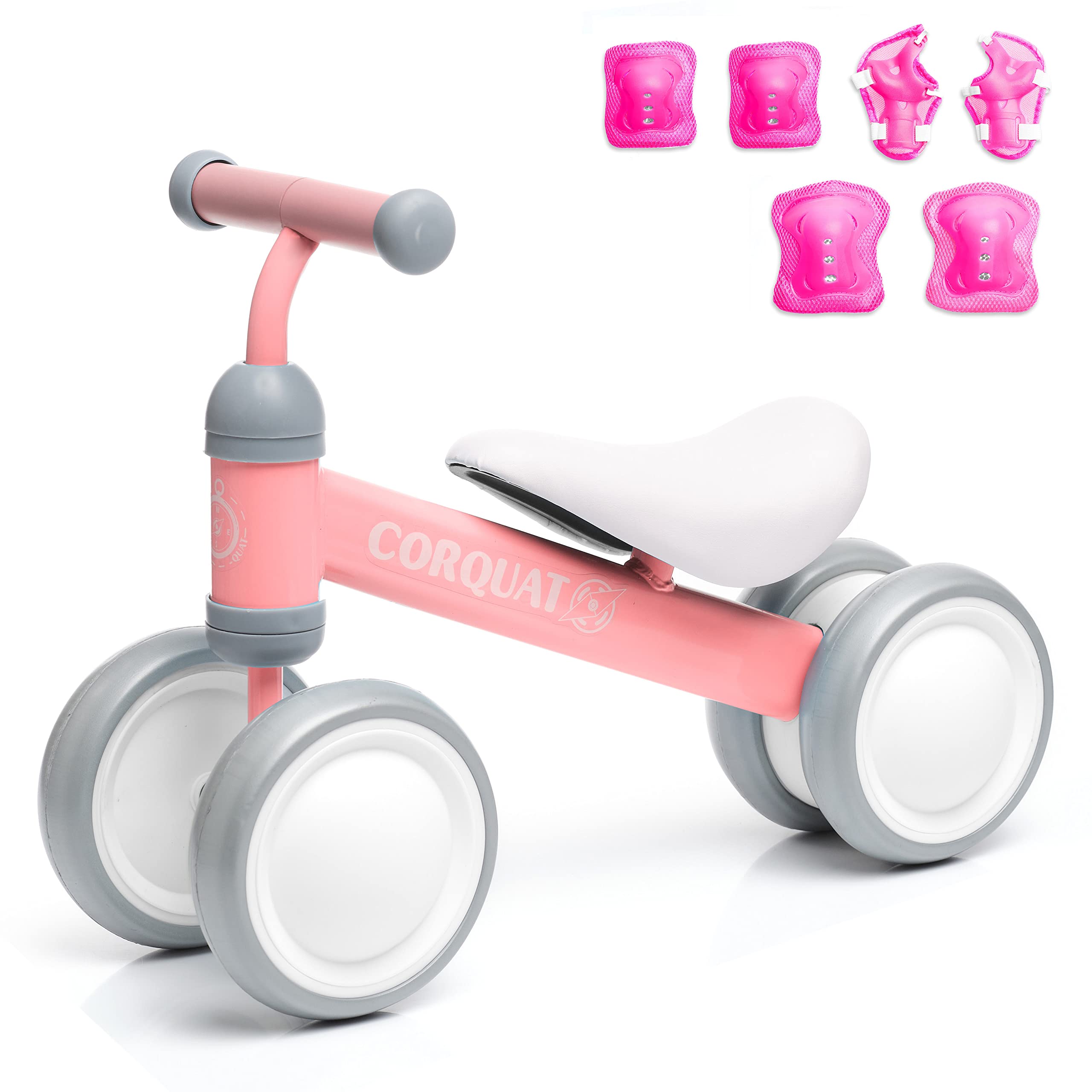 CORQUAT Pack correpasillos Bebe 1 año con Rodilleras y Coderas, Juguetes niños, Triciclo, Bicicleta sin Pedales para niños, Andador Perfecto para Regalo (Rosa)