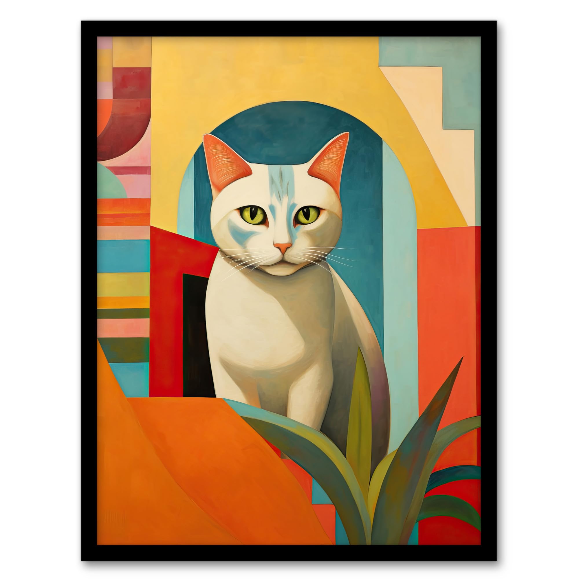 Artery8 Abstract Cubist Cat And Plant Feline Geometric Contemporary Artwork Artwork Framed Wall Art Print A4