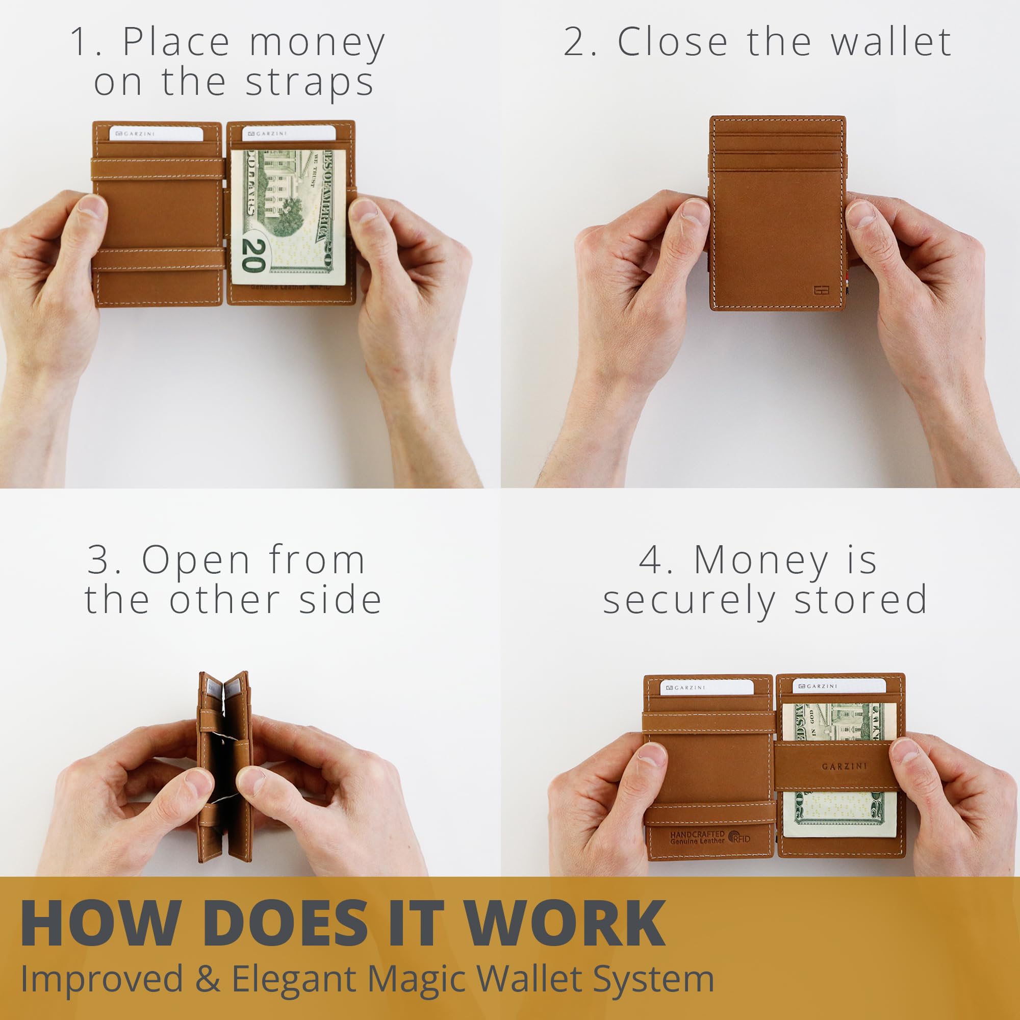 Garzini Magic Wallet, Minimalist Wallet for Men with RFID card holder, Leather Wallet for 8 cards, Cognac