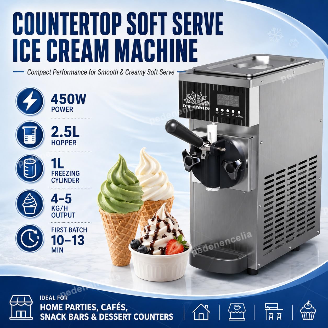 Maszyna do lodów Soft Serve, 450 W pojedynczy ekspres do smaku z pojemnikiem 2,5 l, pierwsza partia 10-13 min, sterowanie LCD, automatyczne czyszczenie, idealna na imprezy domowe
