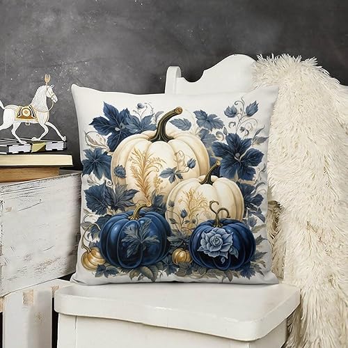 Fundas de almohada para exteriores de 20 x 20 pulgadas, color azul oscuro y blanco, diseño de calabazas de acuarela cuadrada, fundas de cojín de