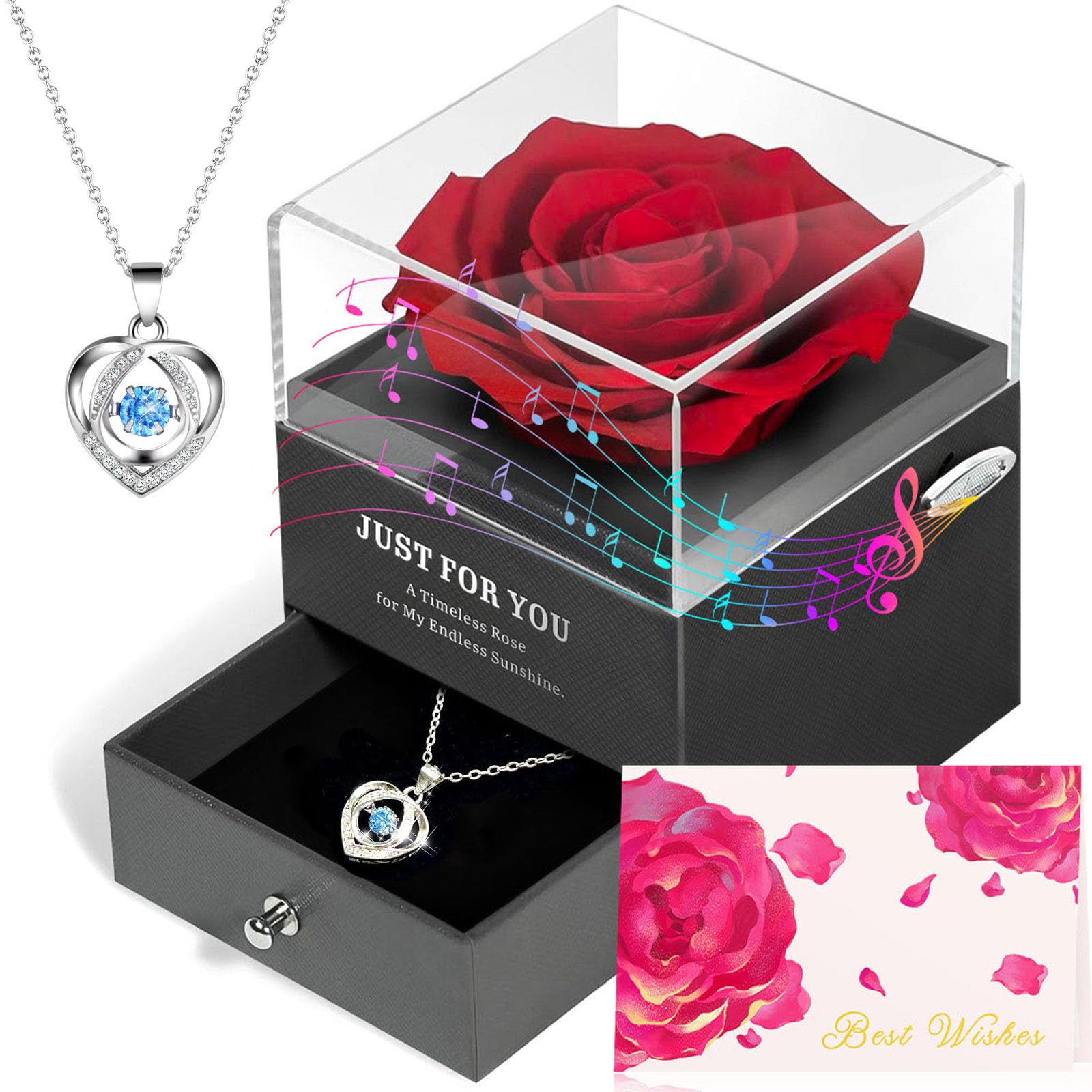 ADDWel Regalos Originales para Mujer Día de la Madre y el Sant Jordi, Rosa Eterna Natural Preservada con Collar en Caja de Música, Regalo Romántico para Novia, Esposa o Mamá Cumpleaños o Aniversario
