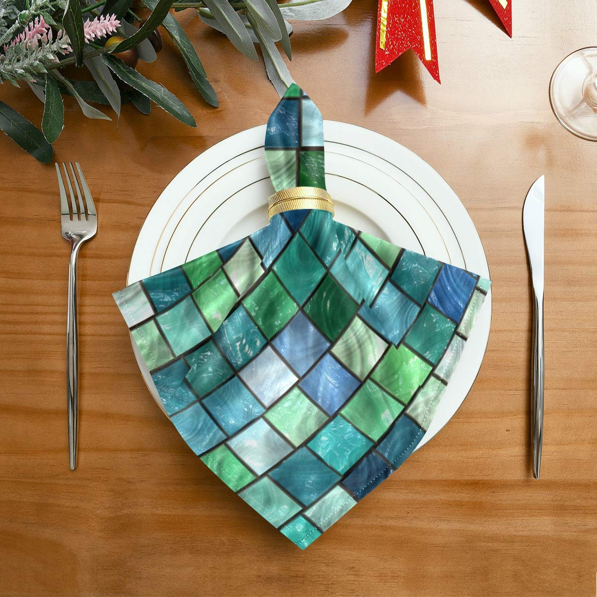 Cloth Napkins Polyester Dinner Napkins Set of 6 Green Mosaic Turquoise Blue Napkins Great for Indoor/Outdoor Dining Special Occasions or Dinner Parties