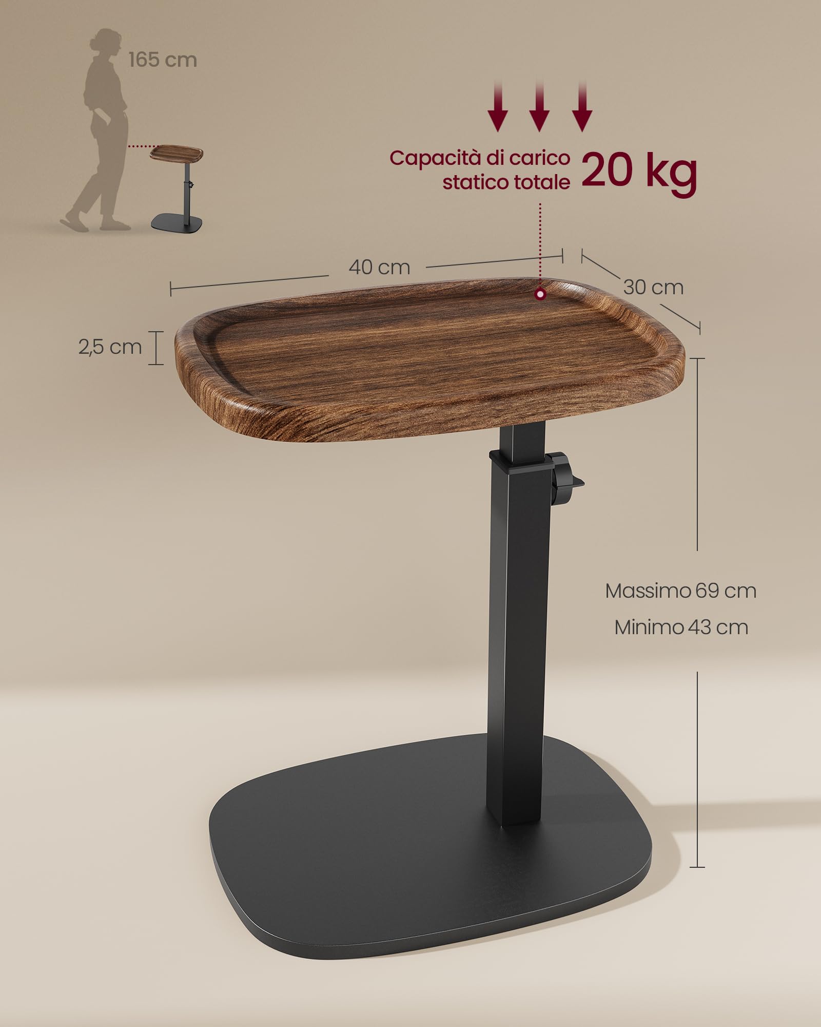VASAGLE Tavolino a Forma di C, Tavolino da Divano, per Spazi Ridotti, Regolabile in Altezza, per Soggiorno Camera da Letto, 30 x 40 x 69 cm, Marrone Noce e Nero Inchiostro LET363M101