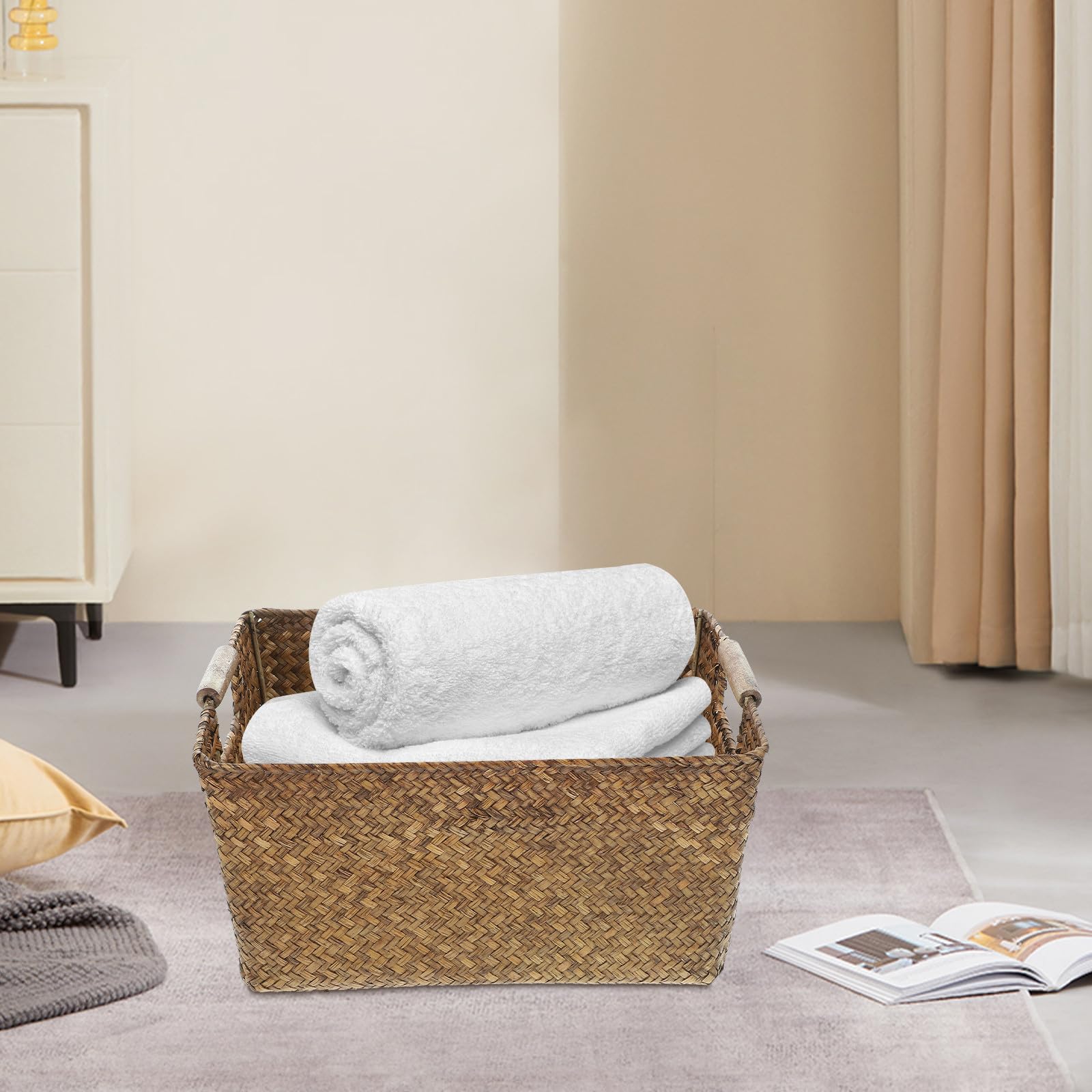 Cestino Rattan in Alga Marina e Legno, Rettangolare, Leggero, per Organizer Bagno e Casa, Cestino Portaoggetti Multiuso