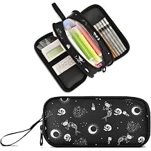 Skull Cat Moon Goth Large Capacity Pencil Case Pencil Pouch Pen Box | 3 Compartment Large Storage Pencil Bag for Adults School Office Teen Girl Boy Men Women