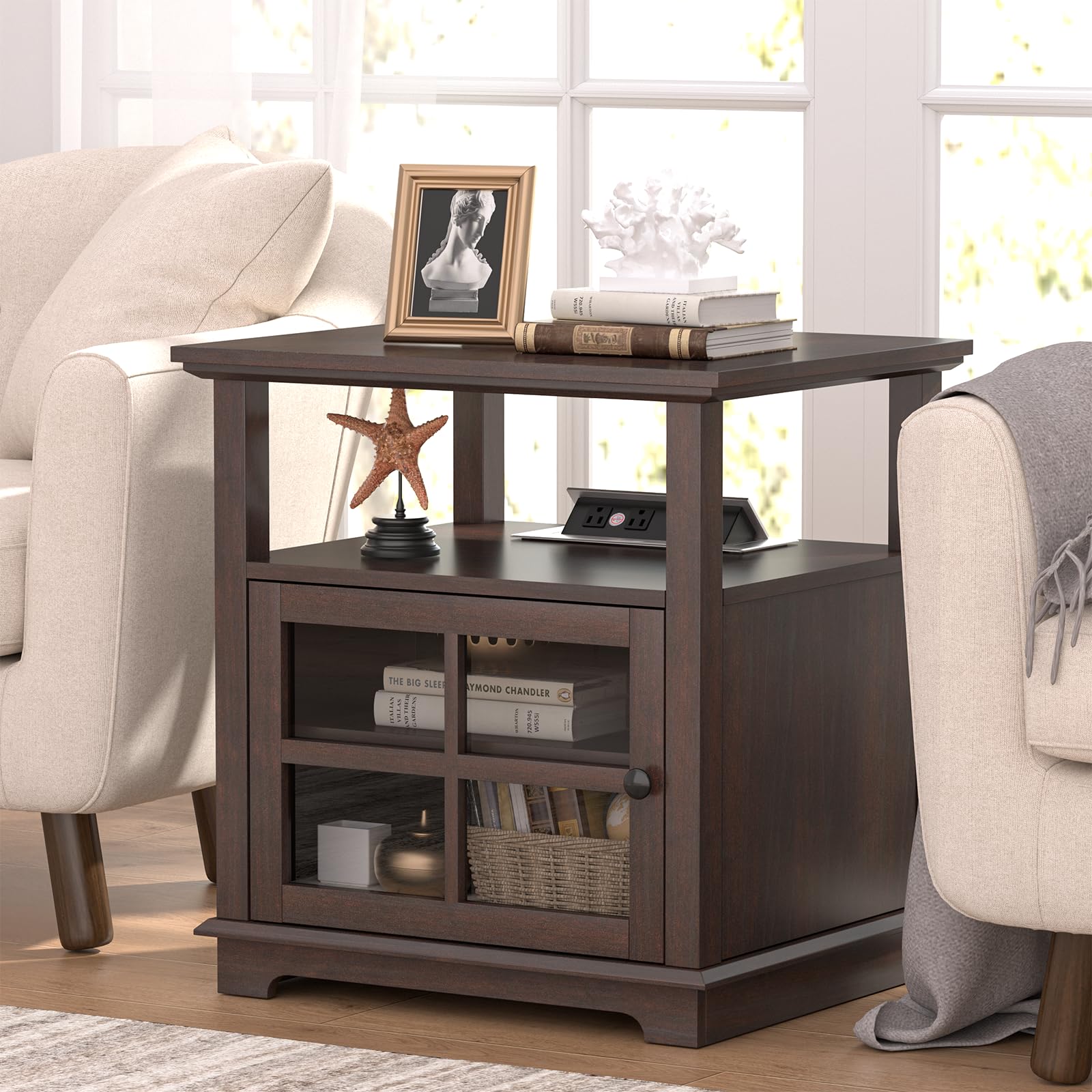 HIFYOBRO 24''Tall End Table with Charging Station, Adjustable Shelf, Storage Side Table,21" Large Nightstand for Living Room, Bedroom,Espresso