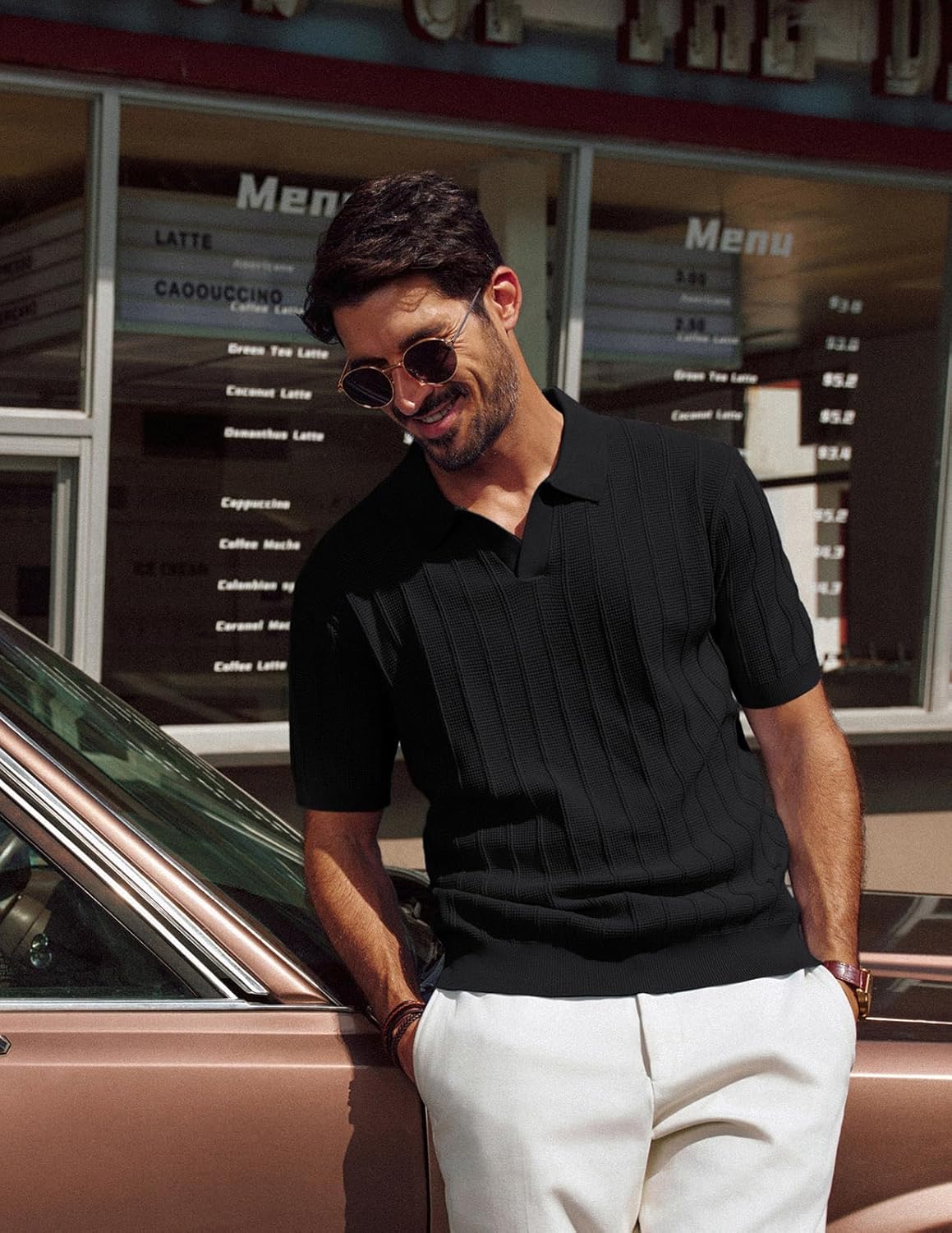 PJ PAUL JONES Mens Polo Shirts V-Neck Knit Polo Textured Summer Shirts - Image 3