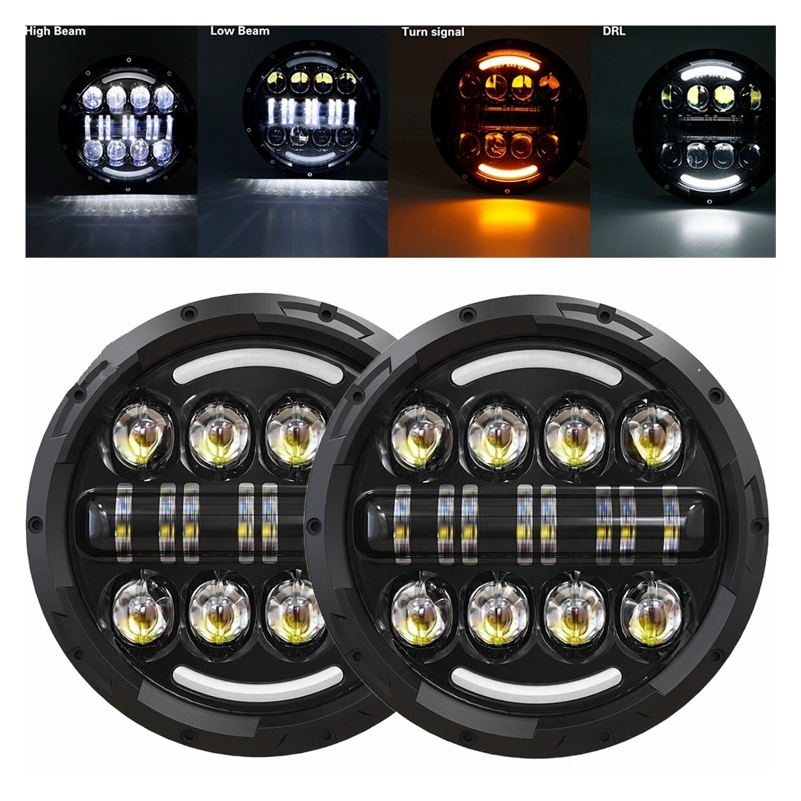 2個7 LED DRLヘッドライト4 × 4 7インチラウンドハローヘッドライトジープJK VAZ 2121 LADA NIVA 7 LEDヘッドランプアンバー信号 7インチ ラウンド LED ヘッドライト ヘイローヘッドライト付き
