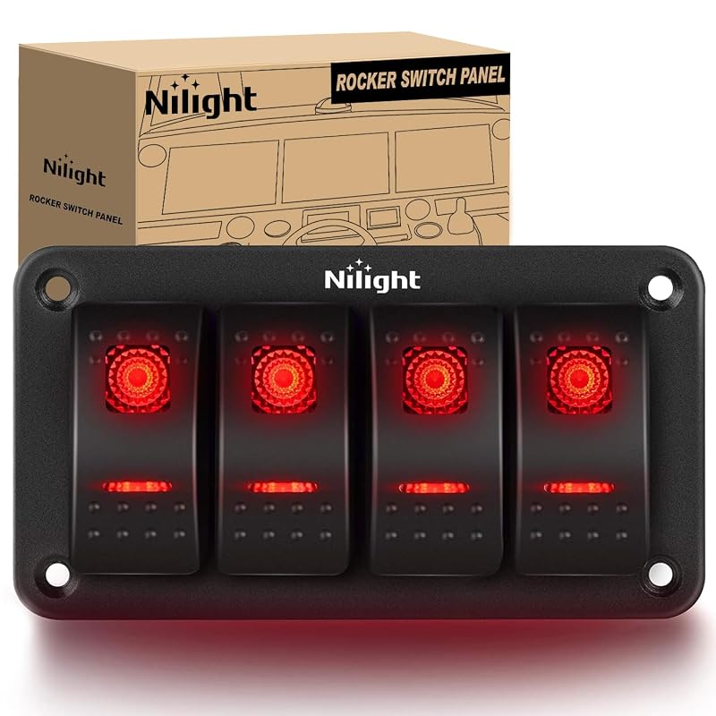 Painel de 4 interruptores tipo rocker Nilight SPST ON-OFF 5 pinos com iluminação vermelha – 12/24 V