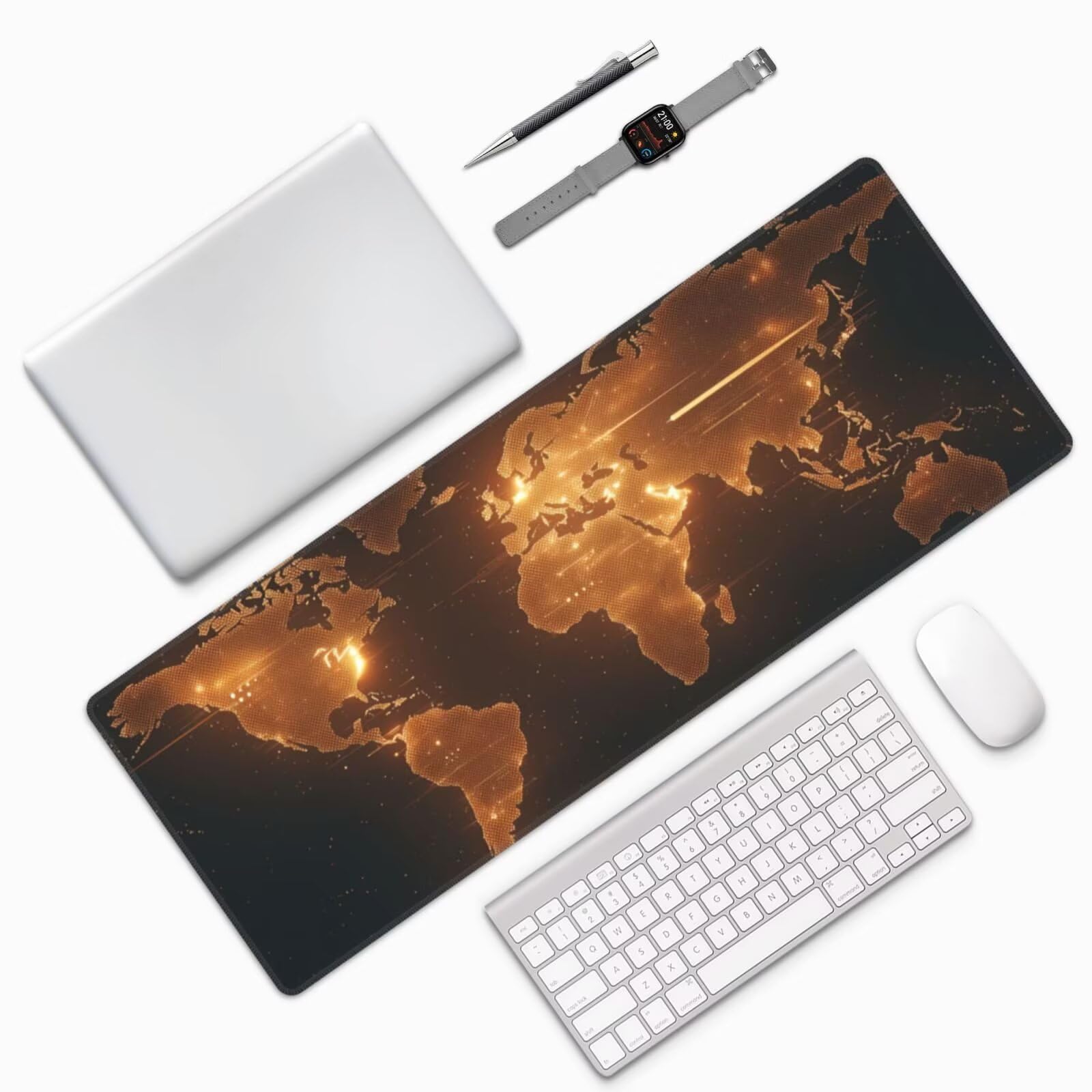 Podkładka pod mysz mapa świata XXL podkładka pod mysz 1400 x 600 x 3 mm złota podkładka pod mysz, podkładka pod mysz z przeszytymi krawędziami antypoślizgowa podstawa i guma do dekoracji biura/domu na