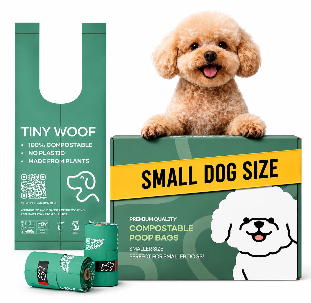 Small Dog Poop Bags 360 Count, Mini Biodegradable Compostable Tie-Handle Bags on Rolls, Extra Thick Leak-Proof for Chihuahua Yorkie Maltese Pomeranian Frenchie Puppies | TINY WOOF