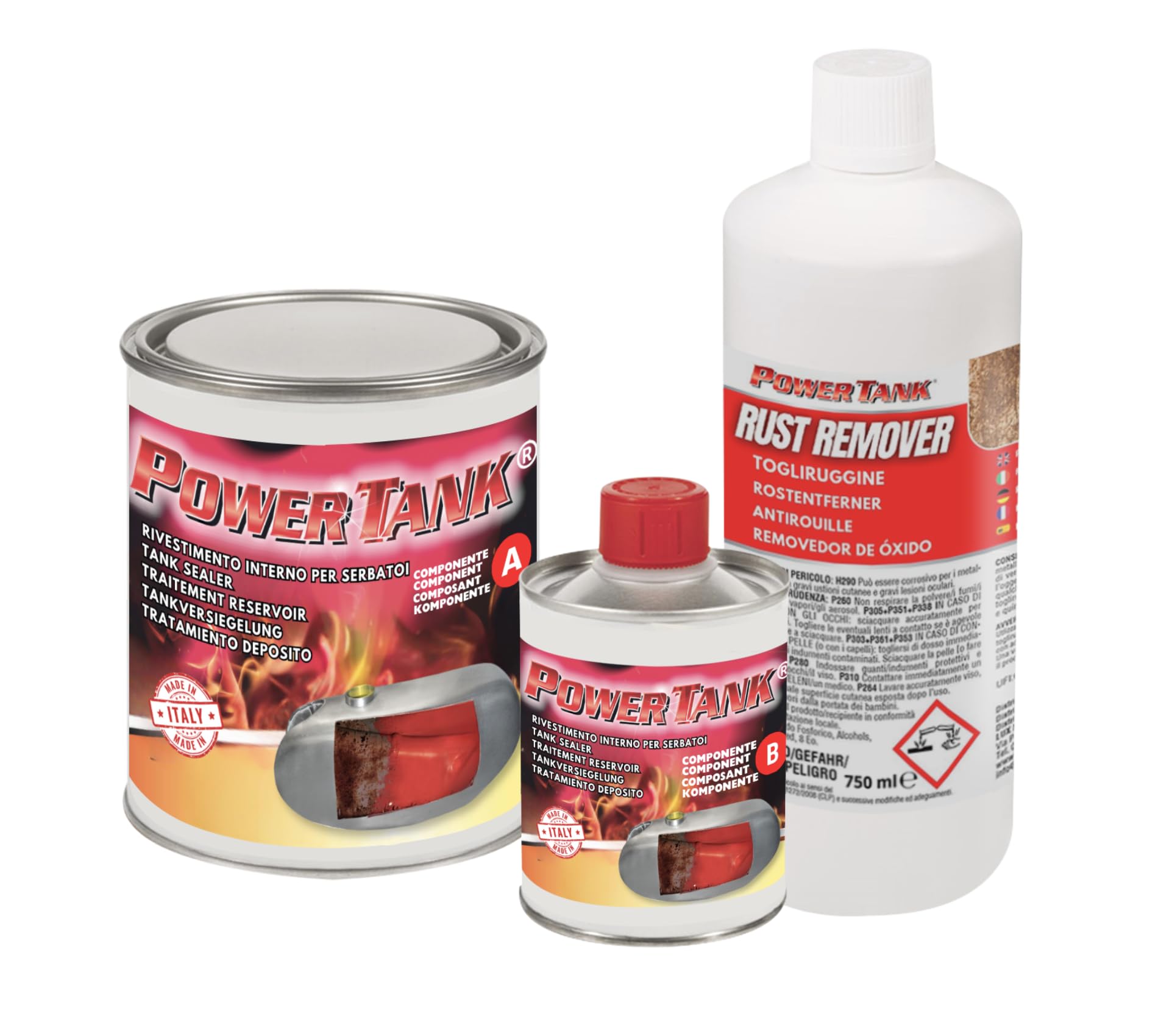 POWER TANK - Trattamento Serbatoio Auto (50/55 Litri) Kit Grande Big 1,3 kg per Interno Serbatoi gasolio Benzina Elimina la Ruggine Ripara Protegge Arrugginito da Moto di Auto d'Epoca con Antiruggine