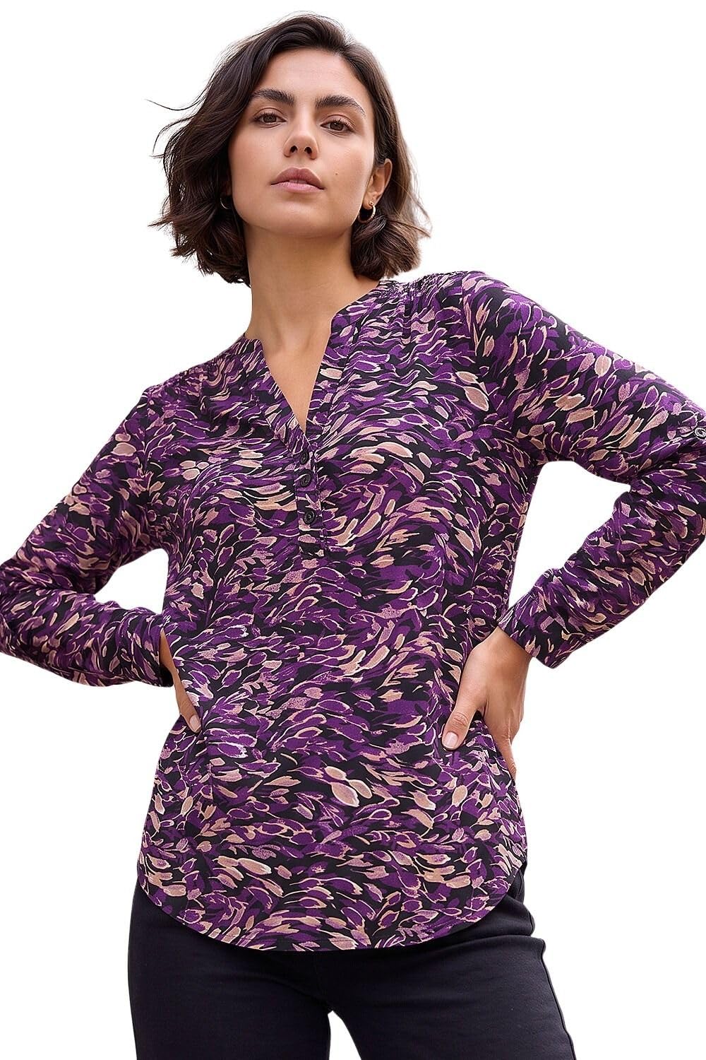 Roman Shirt for Women UK Ladies Top Collarless Blouse Stretchy Tunic Smart Casual Autumn Winter Jersey 3/4 Length Sleeve Notch V Neck Flattering Office Work