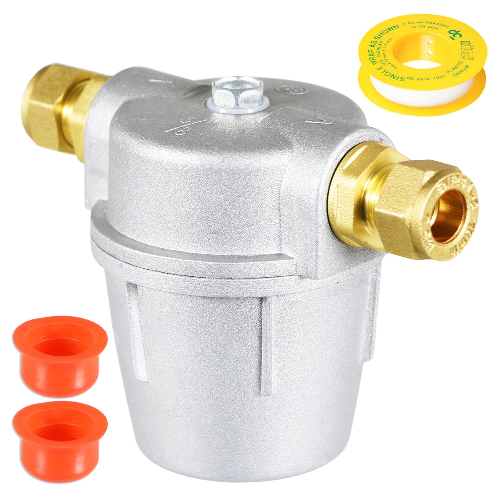 SPARES2GO Boiler Filter 3/8" Aluminium Inline Central Heating Oil Fired Fuel Strainer Bowl + PTFE Tape + 2 x 10mm Compression Connectors