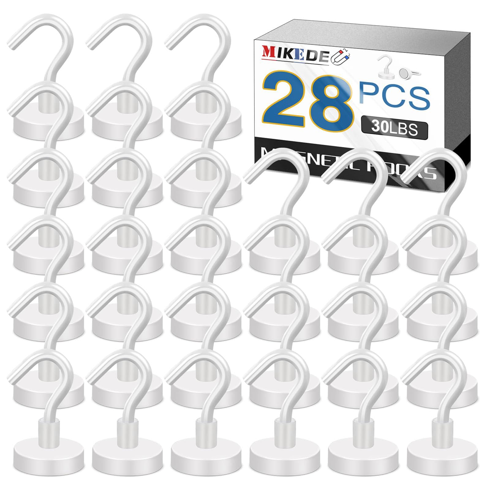 MIKEDE Magnetic Hooks Heavy Duty, Strong Magnet with Hook for Fridge, Super Neodymium Extra Strength Industrial Hooks for Hanging, Magnetic Hanger for Toolbox, Cruise, Grill - (White, 28 Pack)