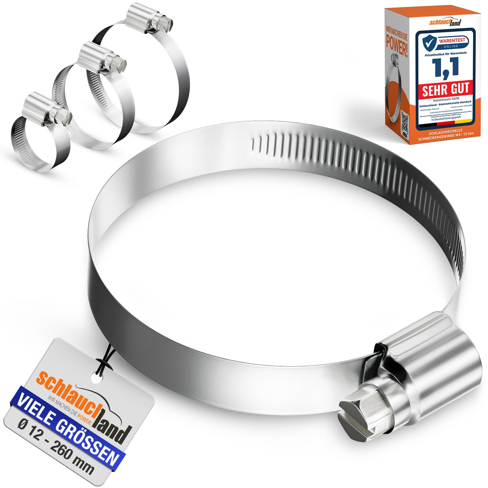 10 Stück SCHLAUCHSCHELLE EDELSTAHL-SCHELLE Ø 220-240mm DIN 3017 W4-QUALITÄT 100% Edelstahl INOX V2A 1.4301 | GRÖSSEN 12-260mm & 1/10/20/50/100er Pack | 12mm Schnecken-Gewinde Schlauch-Klemme TOP