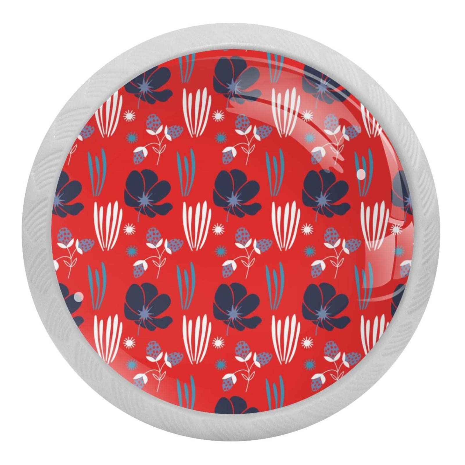 Boutons de placard de cuisine fluorescents x4 ronds blancs motif fraises bleues pour tiroir