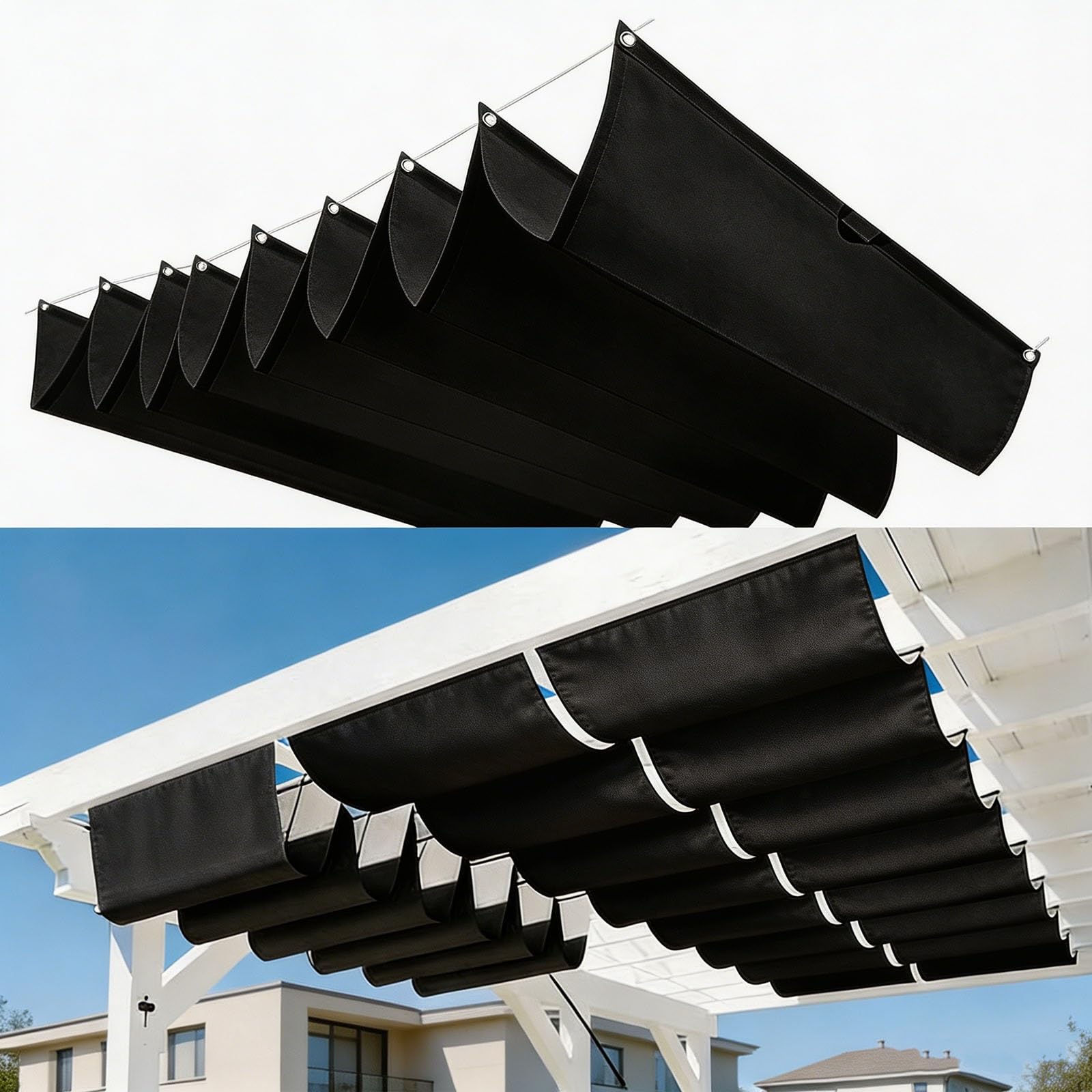 Voile d'ombrage haut de gamme rétractable noir 300x1350 cm anti-UV indéchirable pour grand patio