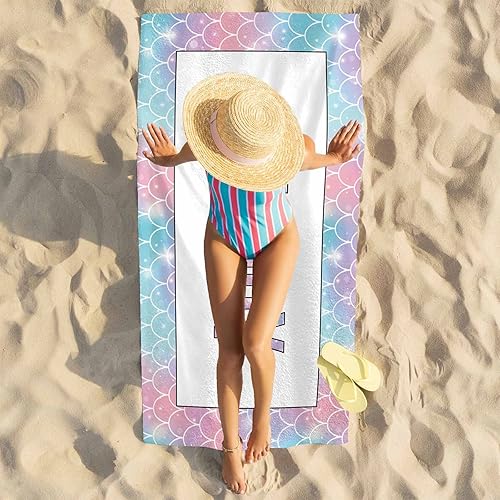 Miniatura 5 de YESCUSTOM Toalla de playa personalizada, toalla de playa de sirena personalizada con nombre personalizado, absorbente, de secado rápido, prool de