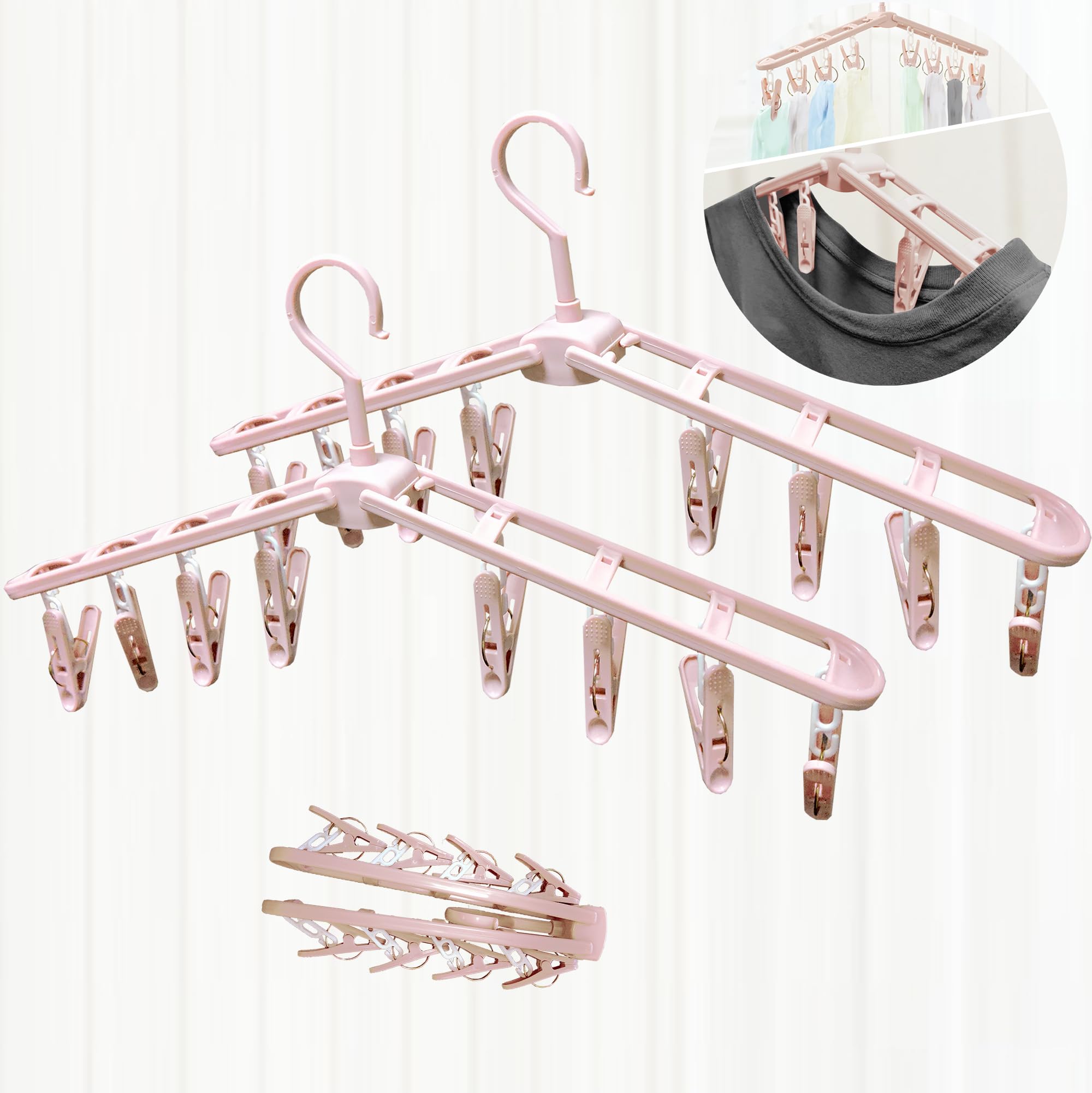 Fineget Collapsible Clothes Travel Hangers with Clips Shorts Skirt Shirt Socks Drying Racks Non Slip Closet Laundry Organization Hangers Pnk 2 Sets