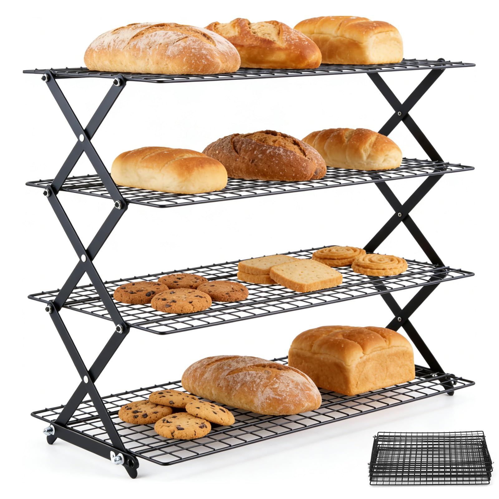 Grille de Refroidissement Pâtisserie 4 Niveaux Pliable, Hauteur Réglable, Four et Lave-Vaisselle Safe