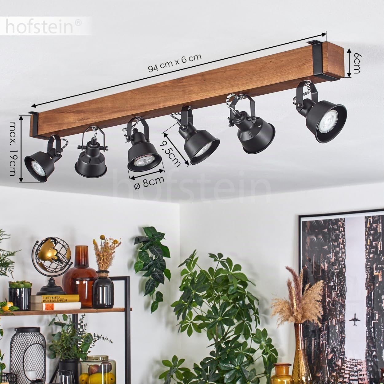 HOFSTEIN Plafoniera Safari, moderna lampada da soffitto in metallo/legno, colore nero/marrone scuro, plafoniera dal design industriale con schermi regolabili, 6 luci, 6 lampadine GU10 senza lampadina