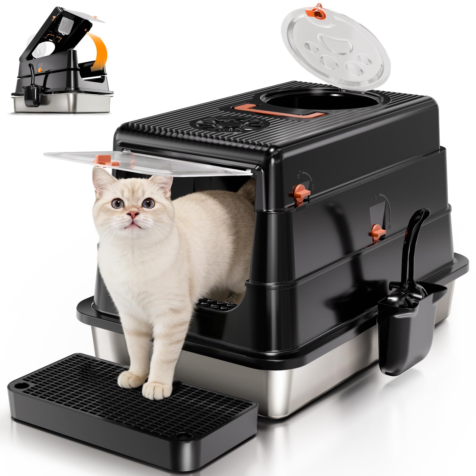 Stainless Steel Cat Litter Box with Lid, Enclosed Extra Large Metal Litter Pan for Big Cats, Full Flip Cover High Sided LitterBox Include Scoop, Easy Cleaning, Non-Stick, Black