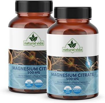 Magnesium Citrate 500mg + Vitamin D, 180 Capsules - 12 Months Supply - Easily Absorbed - Muscle, Heart & Digestive Support - One per Day, Non-GMO 2