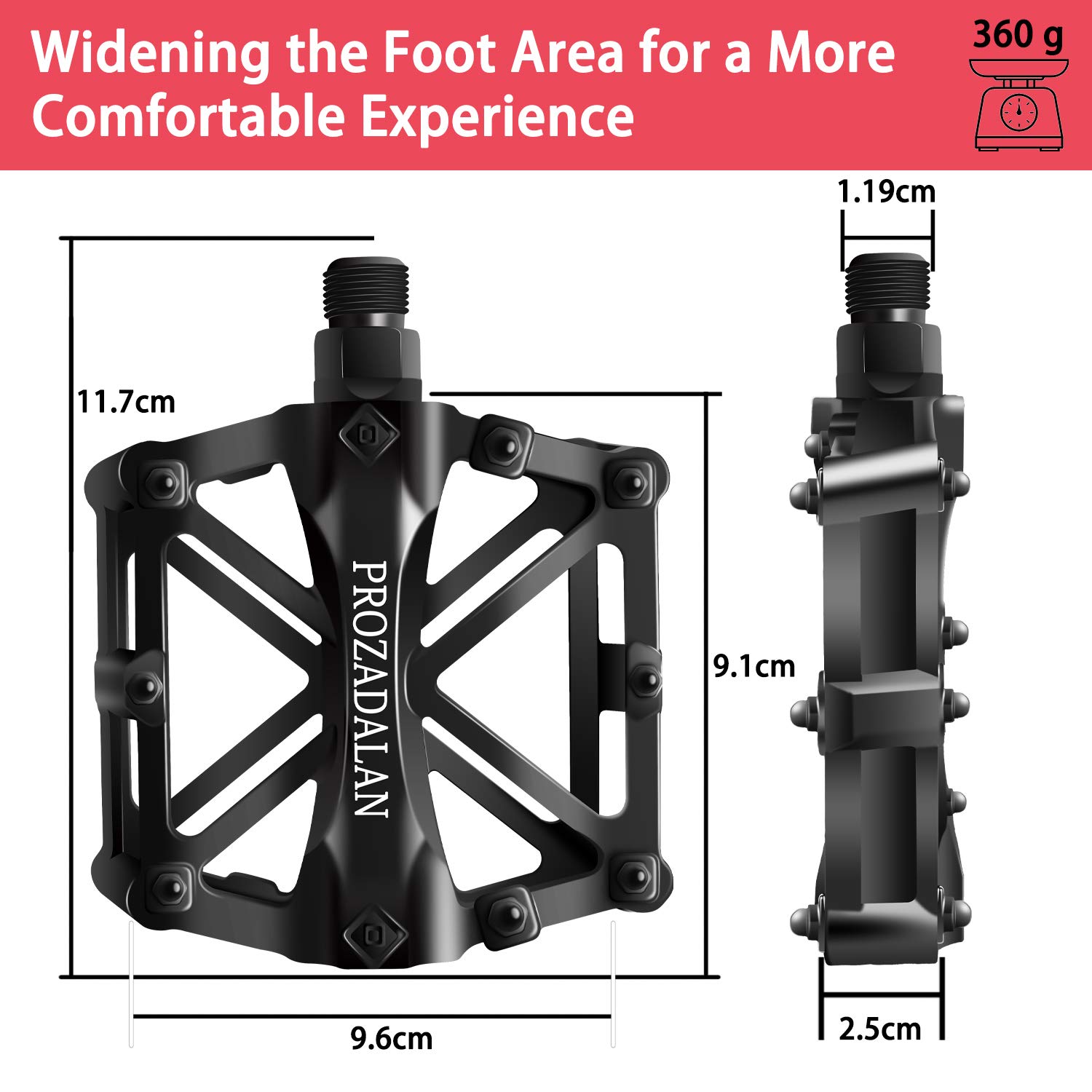 Image secondaire de PROZADA Pédales Vélo Route, Pédale de Bicyclette 9/16 Pouces avec Antidérapant Scellé Durable, pour Vélo De Randonnée VTT Vélo D