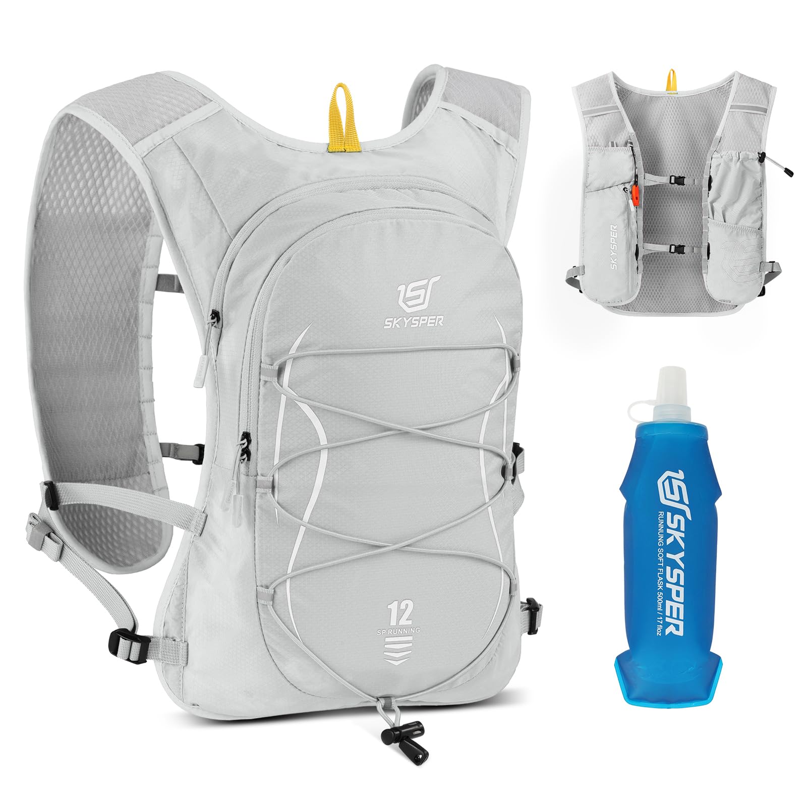 SKYSPER Laufweste für Damen Herren 12L Laufrucksack mit 500ml Trinkflasche Reflektierende Trinkweste Laufen Atmungsaktives Running Vest mit Handyfach für Trailrunning Marathon Joggen