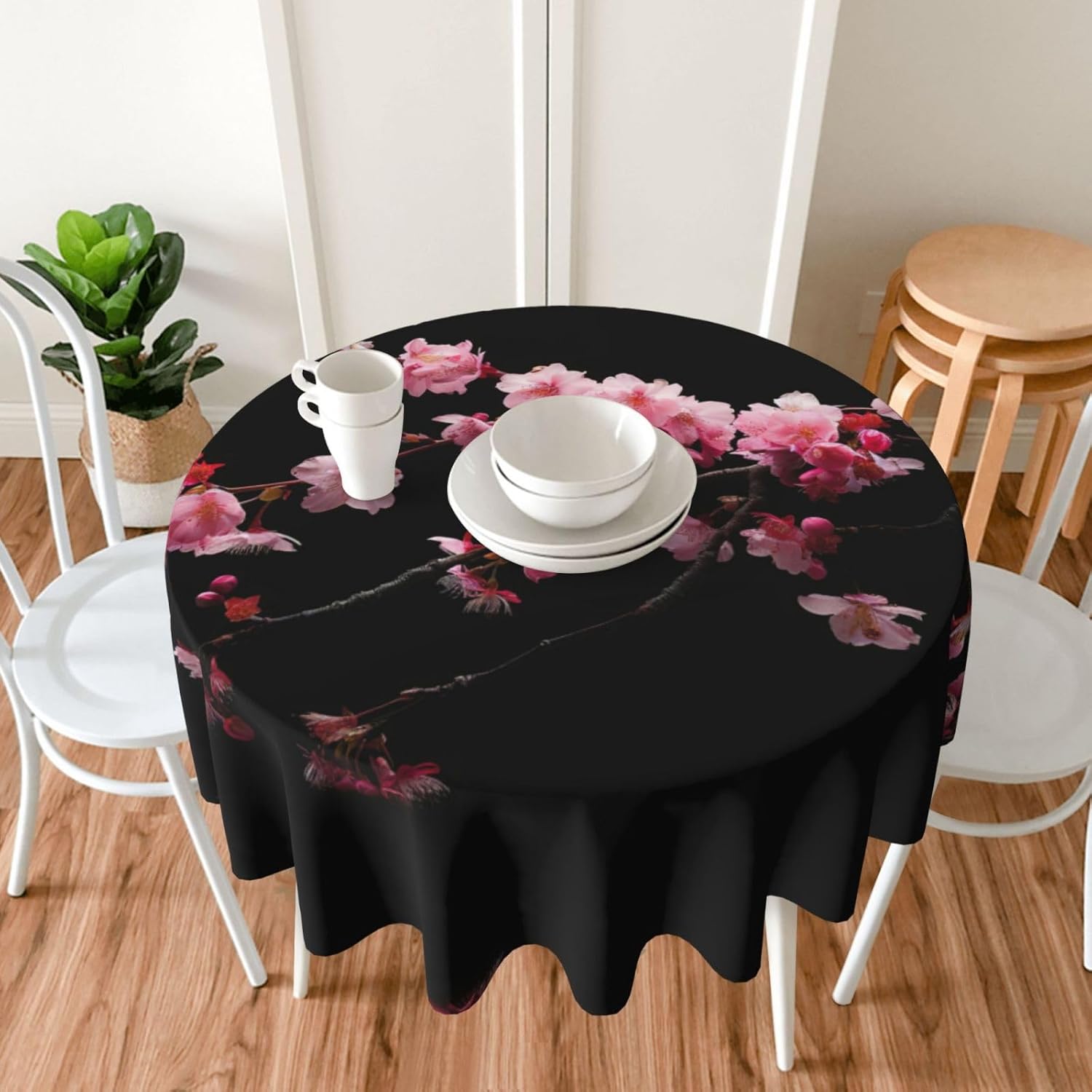 Japanese Cherry Flowers Print Wrinkle Free Dining Table Cover for Birthday Party Farmhouse Tablecloths Up to 60 x 60 Inches