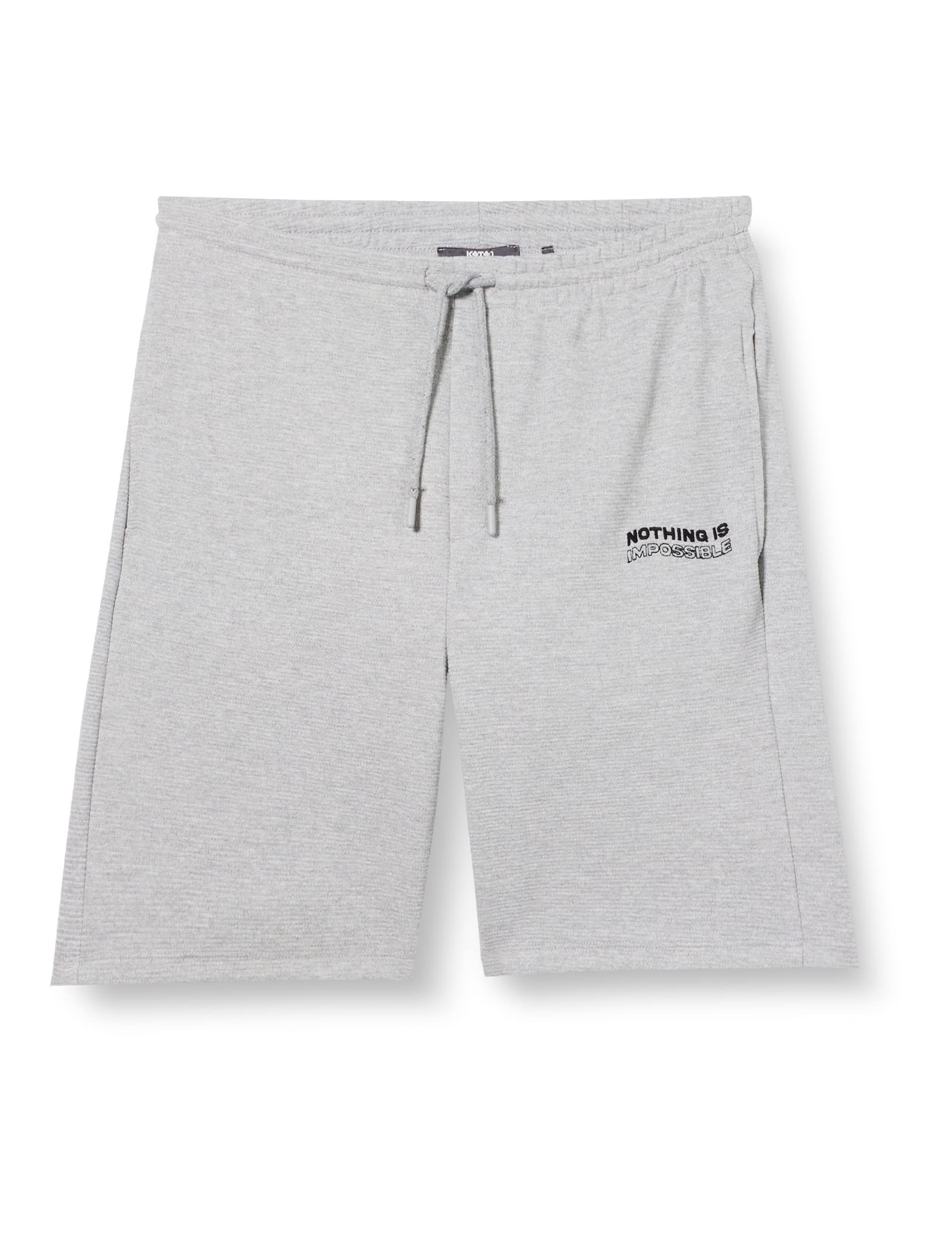 Koton Men's Grey (027) Slogan Printed Shorts Drawstring Pocket Detailed Slim Fit Shorts,
