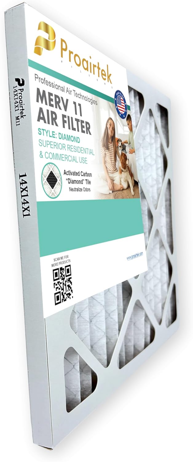 Proairtek AF14141M11DWH Model Diamond 14x14x1 Pack of 6 Air Filters, MERV 11 with One "Diamond" Activated Carbon Tile to Neutralize Odors; Durable Electrostatic Pleated Design; Made in USA