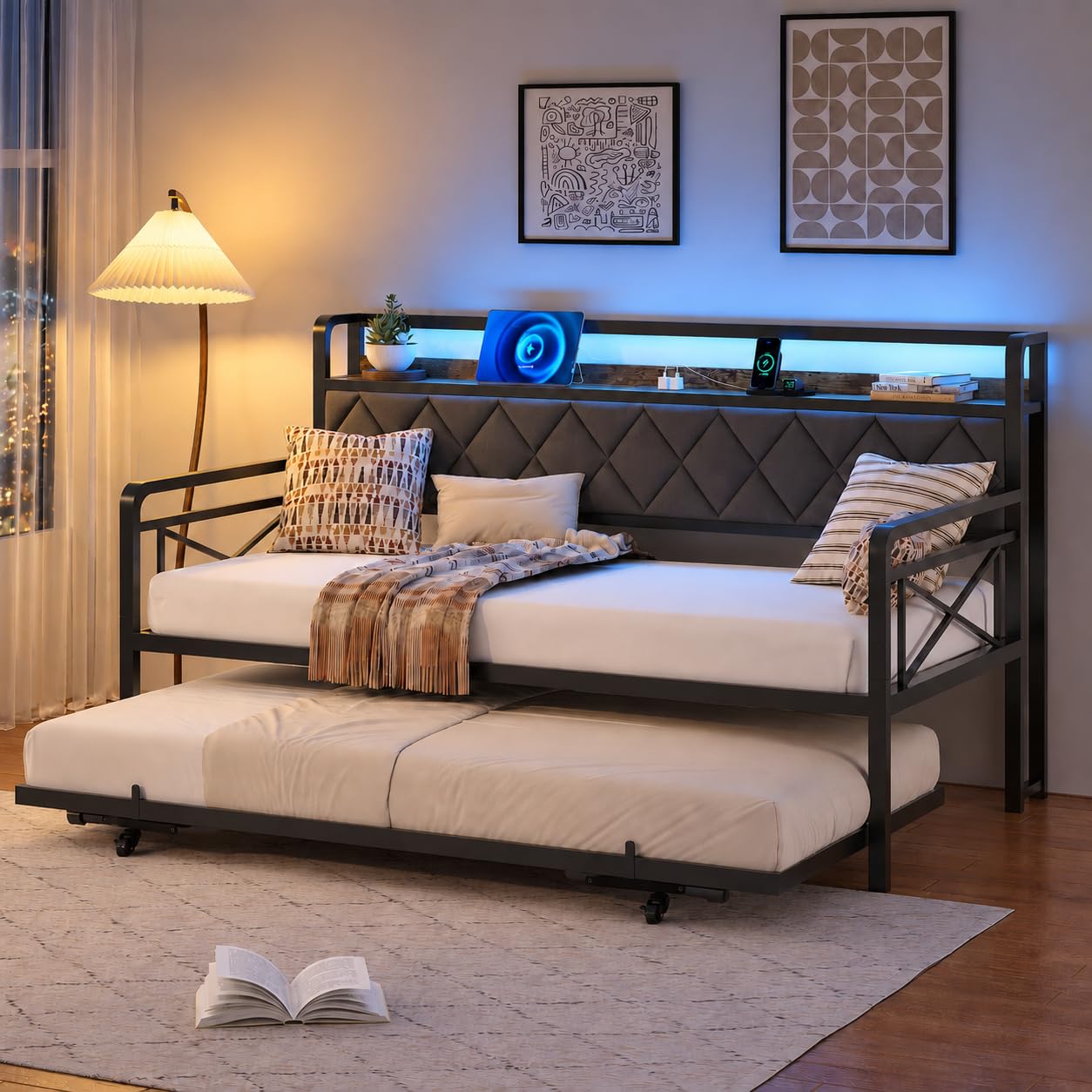 VINGLI Full Daybed with Pop Up Trundle, Storage Headboard, Charging Station