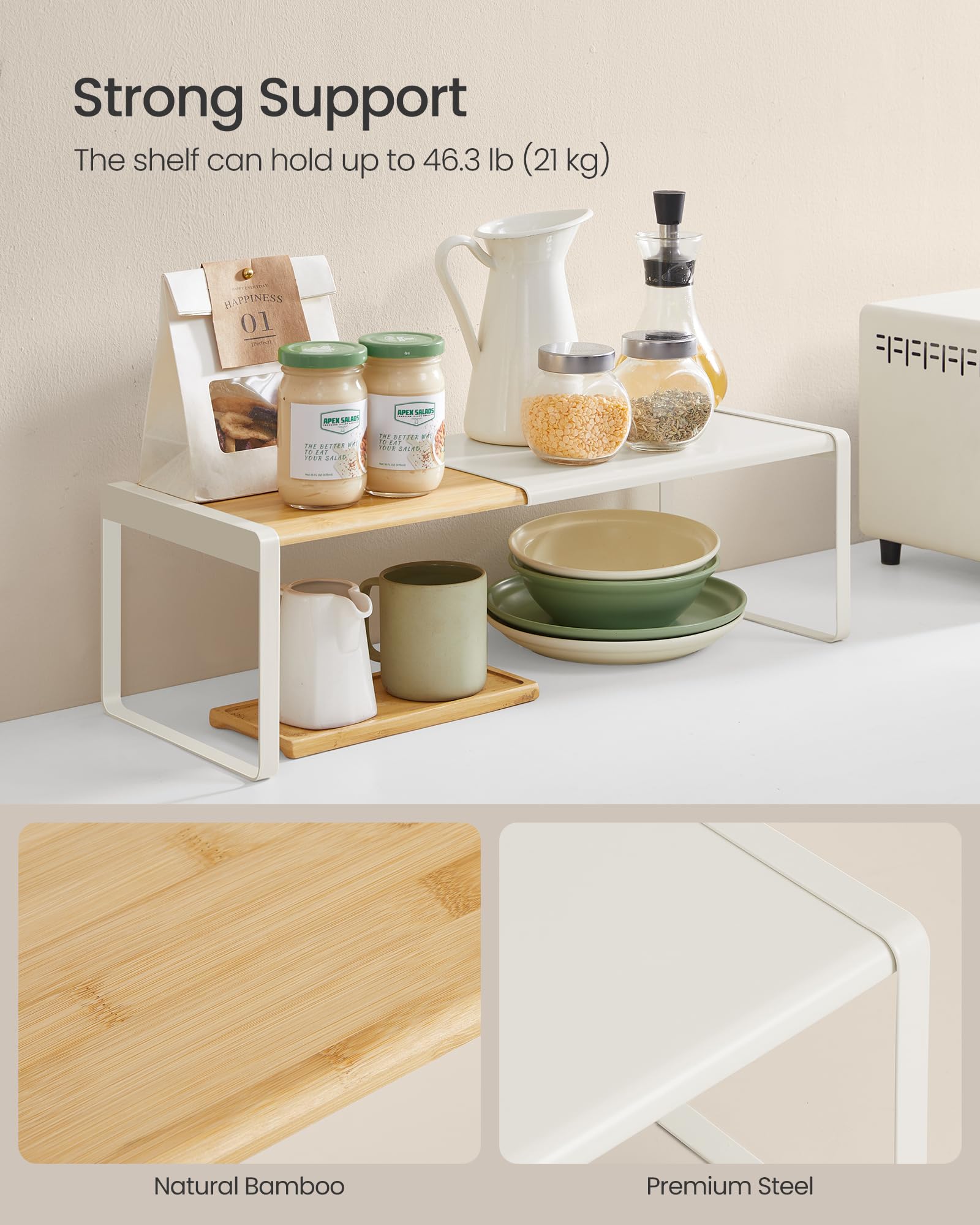 SONGMICS HOME Spice Rack, Extendable Kitchen Organiser Shelf, Cupboard Organiser, Countertop, Small, Stackable - Image 4
