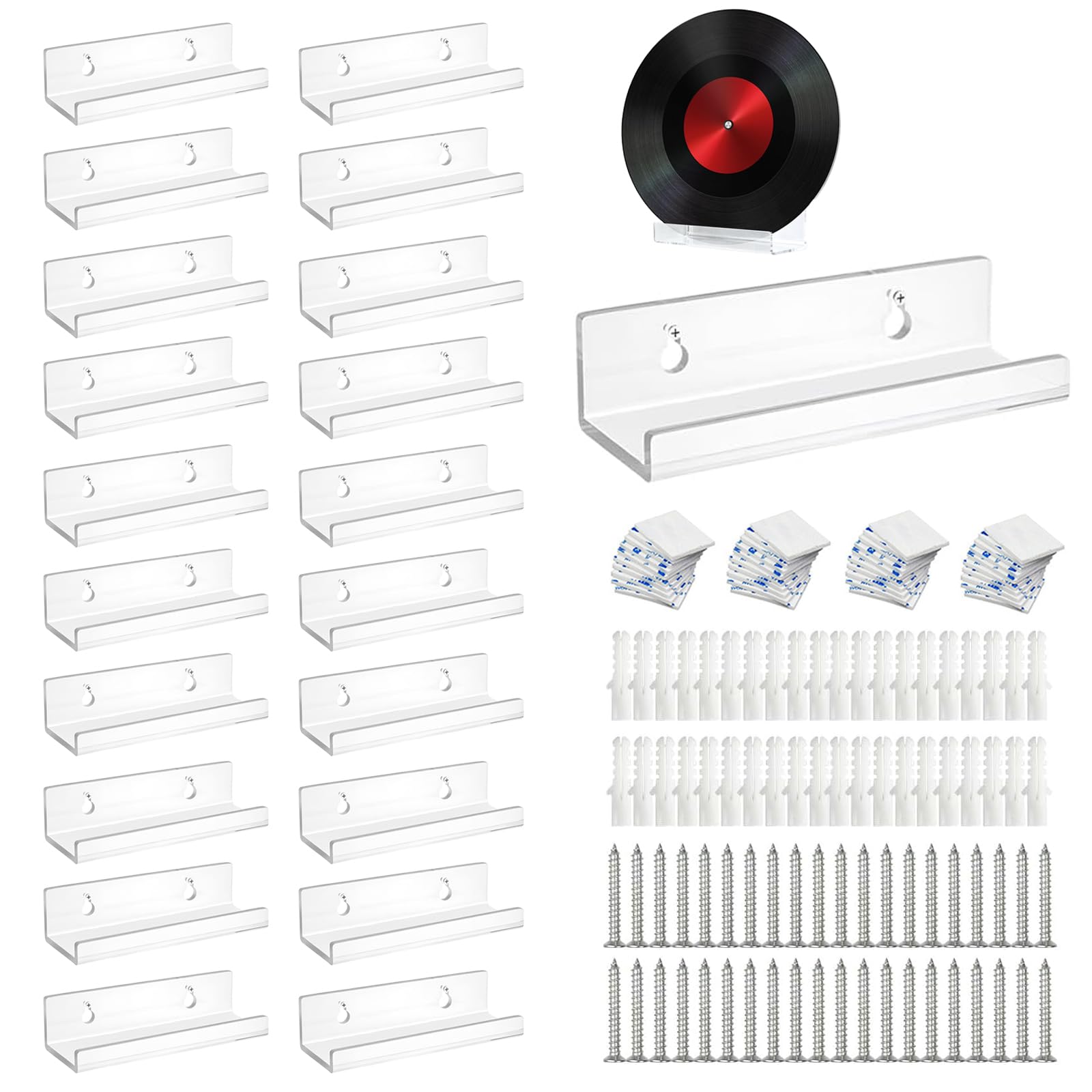 MDPUTY 20 PCS Acrylic Record Holders for Wall, 4" Clear Vinyl Wall Mount Floating Vinyl Shelves CD Stick on Display Shelves for Magazine Rack Picture Ledge