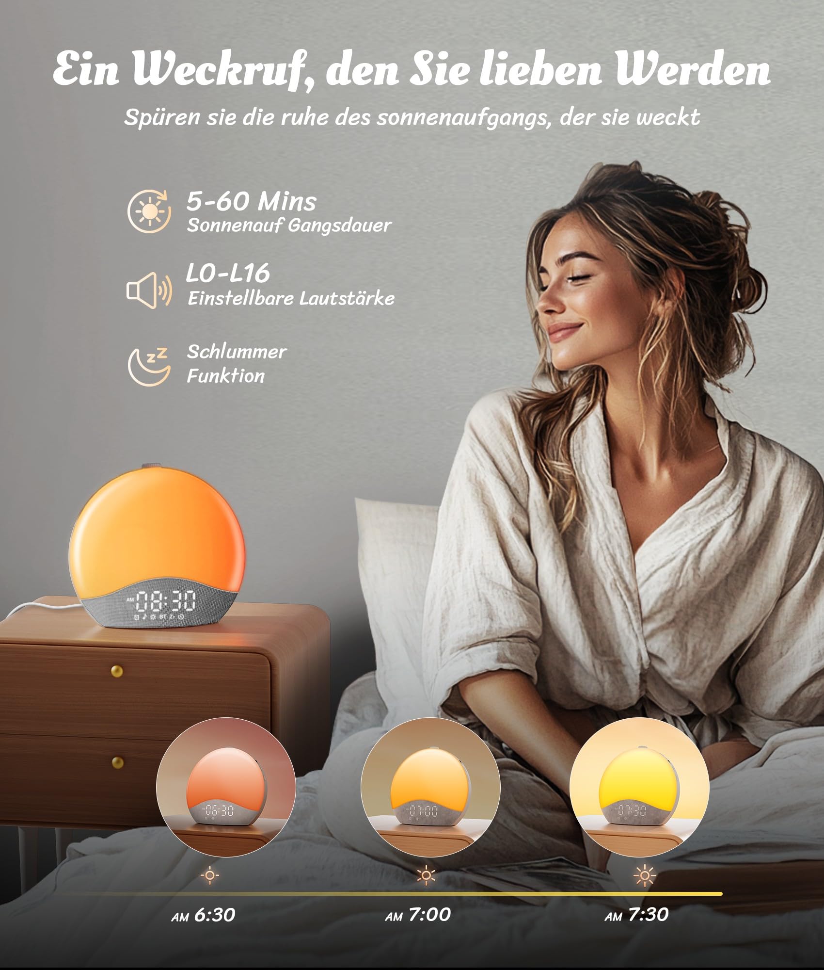 ecozy Tageslichtwecker, Bluetooth-Synchronisierung, 26 Beruhigende Klänge, Weißes Rauschen, 17 Nachtlichter, Sonnenaufgang Wecker