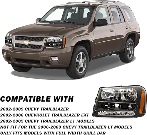Miniatura 5 de Conjunto de faros delanteros para Chevy Trailblazer 2002-2009 con barra de parrilla de longitud completa, lado del conductor, carcasa negra con