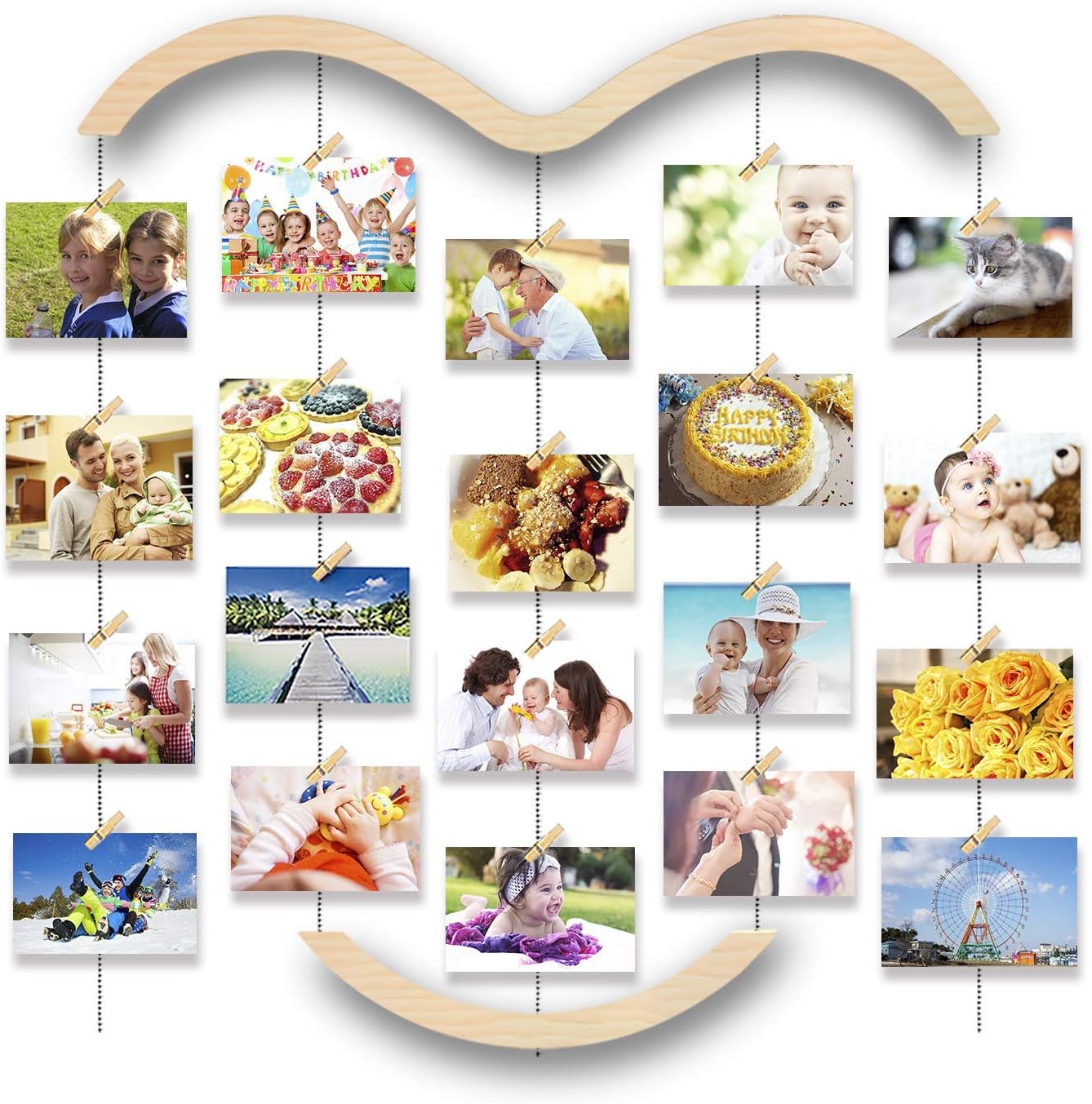 Uping Hanging Photo Display Multi Photo Pictures Frame with 30 Clips Heart Picture Frame Collage for Party,Wall Decor (29.1 * 25.2 inch)