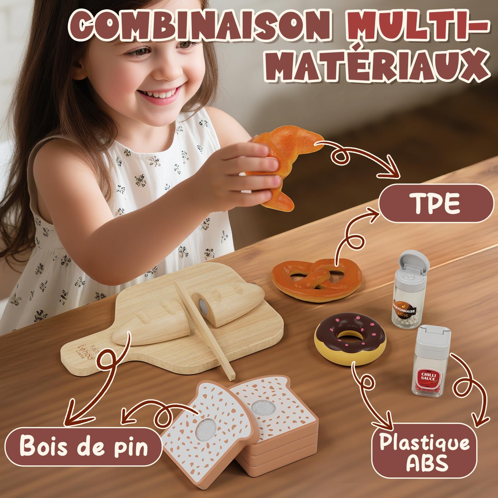 Lehoo Castle Accessoire Cuisine Enfant, Pizza Bois, Cuisine Enfant en Bois, Dinette 3 Ans, Jouet Éducatif Éveil Montessori | Ensemble de nourriture pour enfants de 3, 4, 5, 6, 7, 8 ans, cadeau pour fille et garçon