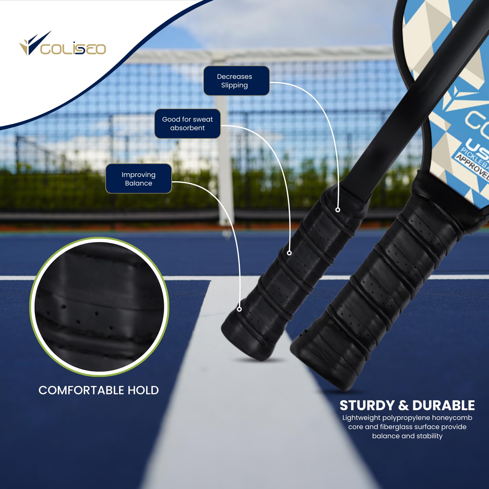 COLISEO FiberStrike Pickleball Paddle Set of 2 β Premium Fiberglass Pickleball Racket Set for Beginners, Lightweight 14mm PP Honeycomb Core, 2 Paddles, 4 Balls & Carry Bag - Indoor & Outdoor Play 1