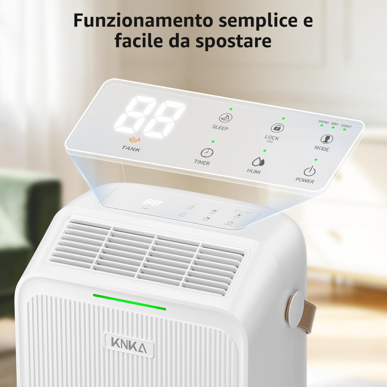 KNKA Deumidificatore, Deumidificatori Casa Muffa, 16L/24H, Serbatoio 3,3L, Basso Rumore, Basso Consumo, Sbrinamento Automatico, Blocco Bambini, Design Anti-Goccia, 4 Modalità, 80m³（32㎡）
