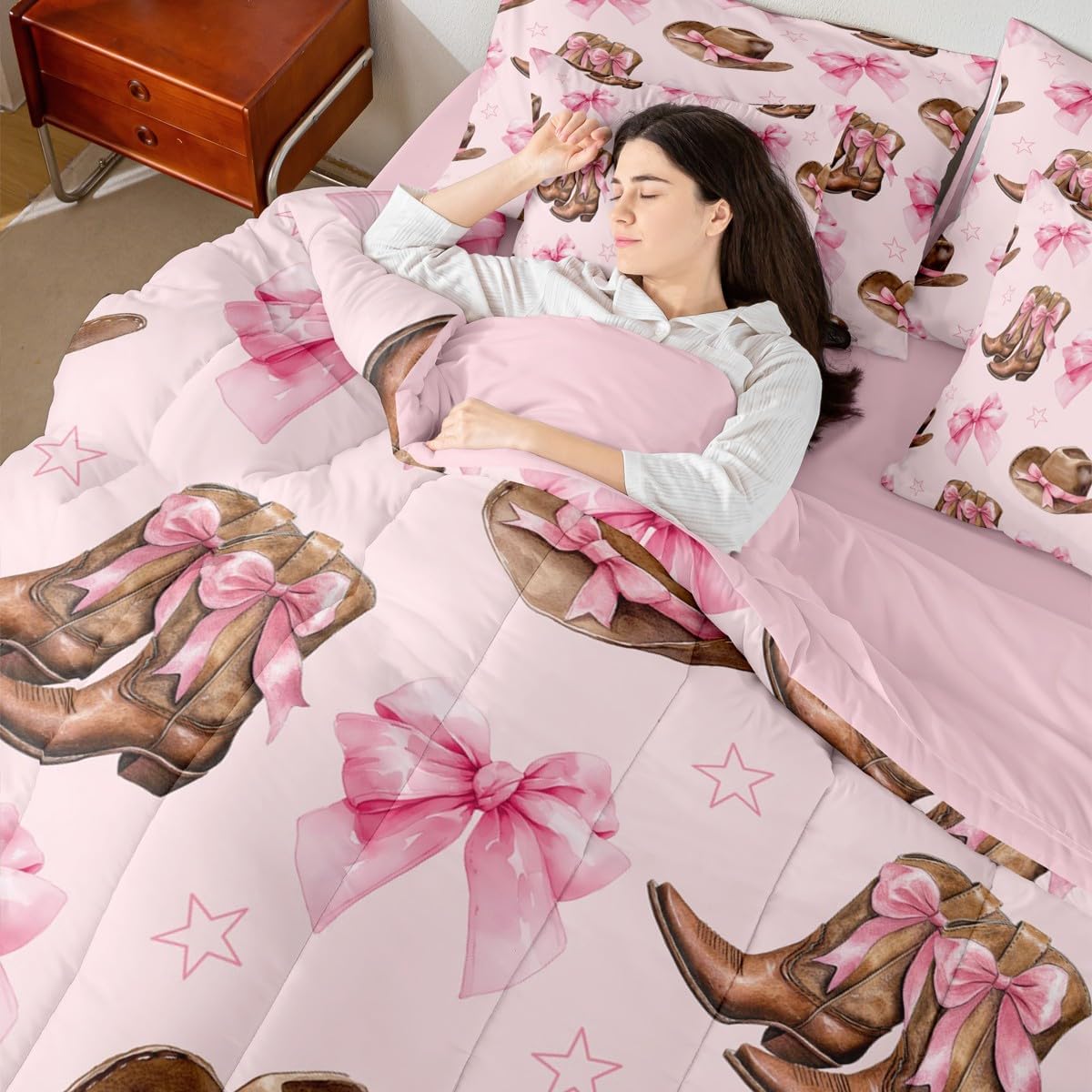 Erosebridal Cowgirl Boots and Bows Twin Bedding Set 7 Piece for Girls,Cute Pink Bow Hat Comforter Set with Sheets for Kids Teen,Pink Western Bowknot Bed Set,Retro Country Cowboy Fitted Flat Sheet
