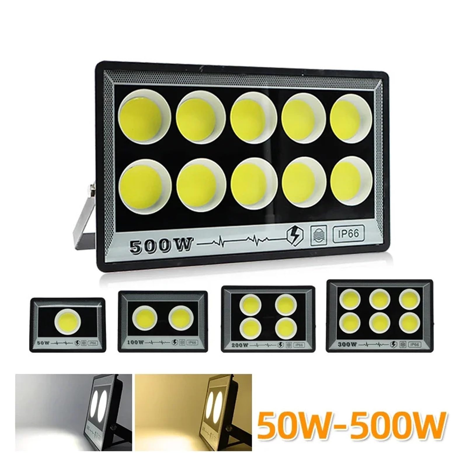 Proyector exterior, 5 focos LED de 50/100W/200W/300W/400W/500W, IP65, impermeables, for exteriores, for jardín y calle.(50W warm light)