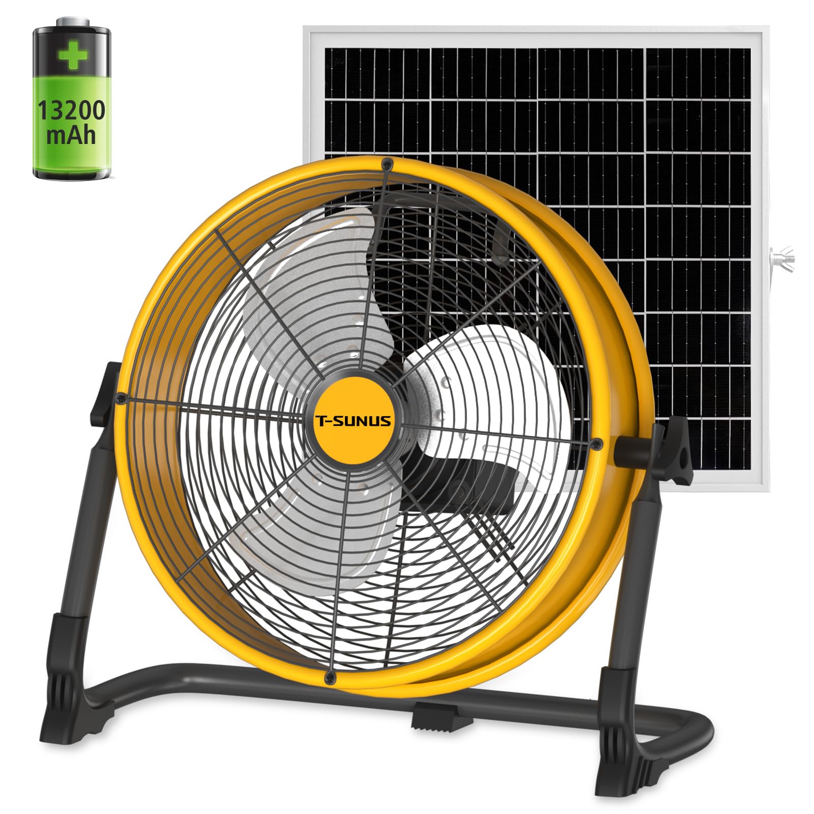 T-SUNUS 12" Solar Floor Fan with 20W Panel & 13200mAh Battery, Camping Fan 1500 CFM Strong Airflow, 4.5-27H Runtime, USB Phone Charging, 360° Tilt, for Camping, Patio, Garage, Shed, Tent, RV, Outdoor