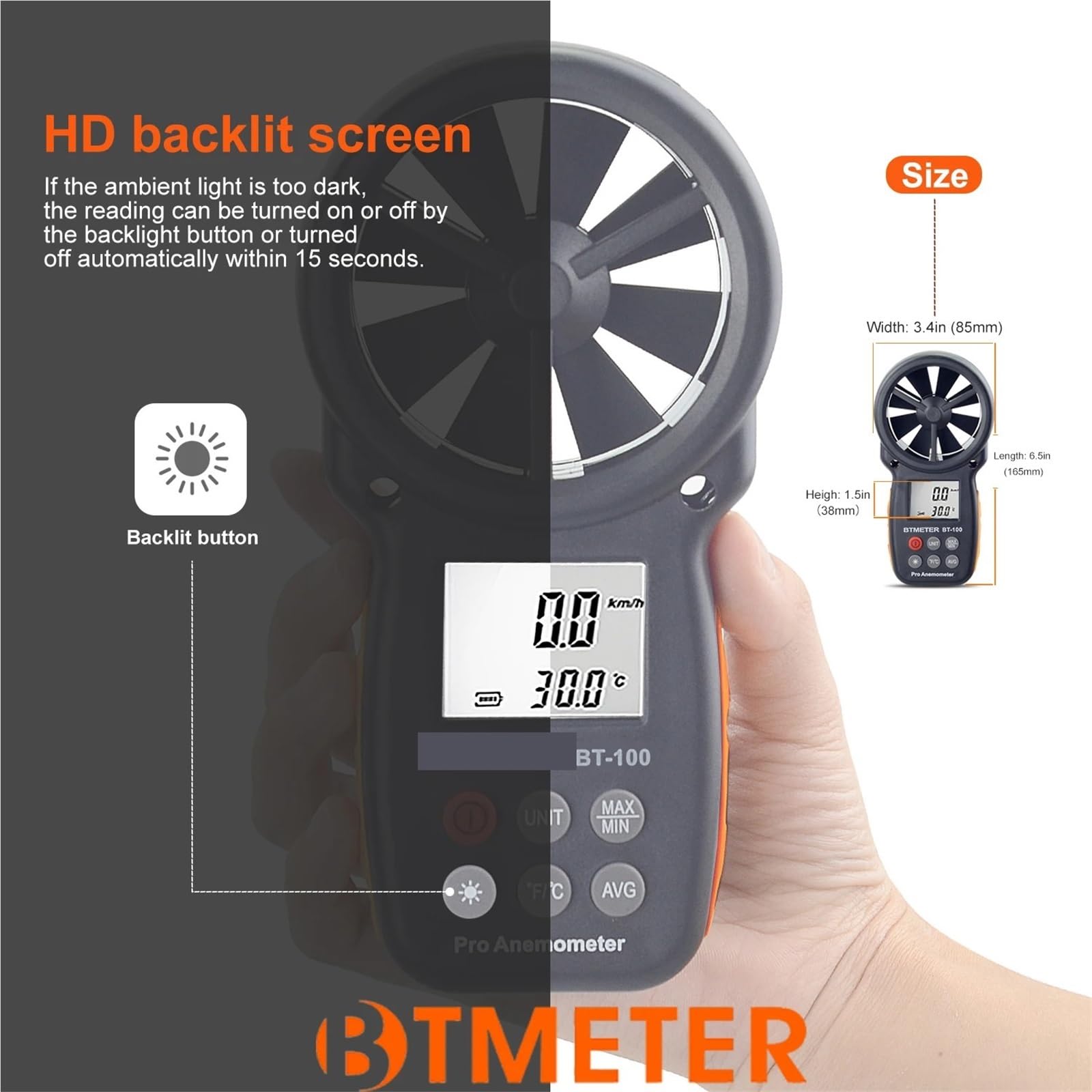 Anemómetro Digital portátil BT-100, medidores de velocidad del viento de 0-30 m/s, Sensor de velocidad del viento for UAV, sensación térmica, tiro de surf