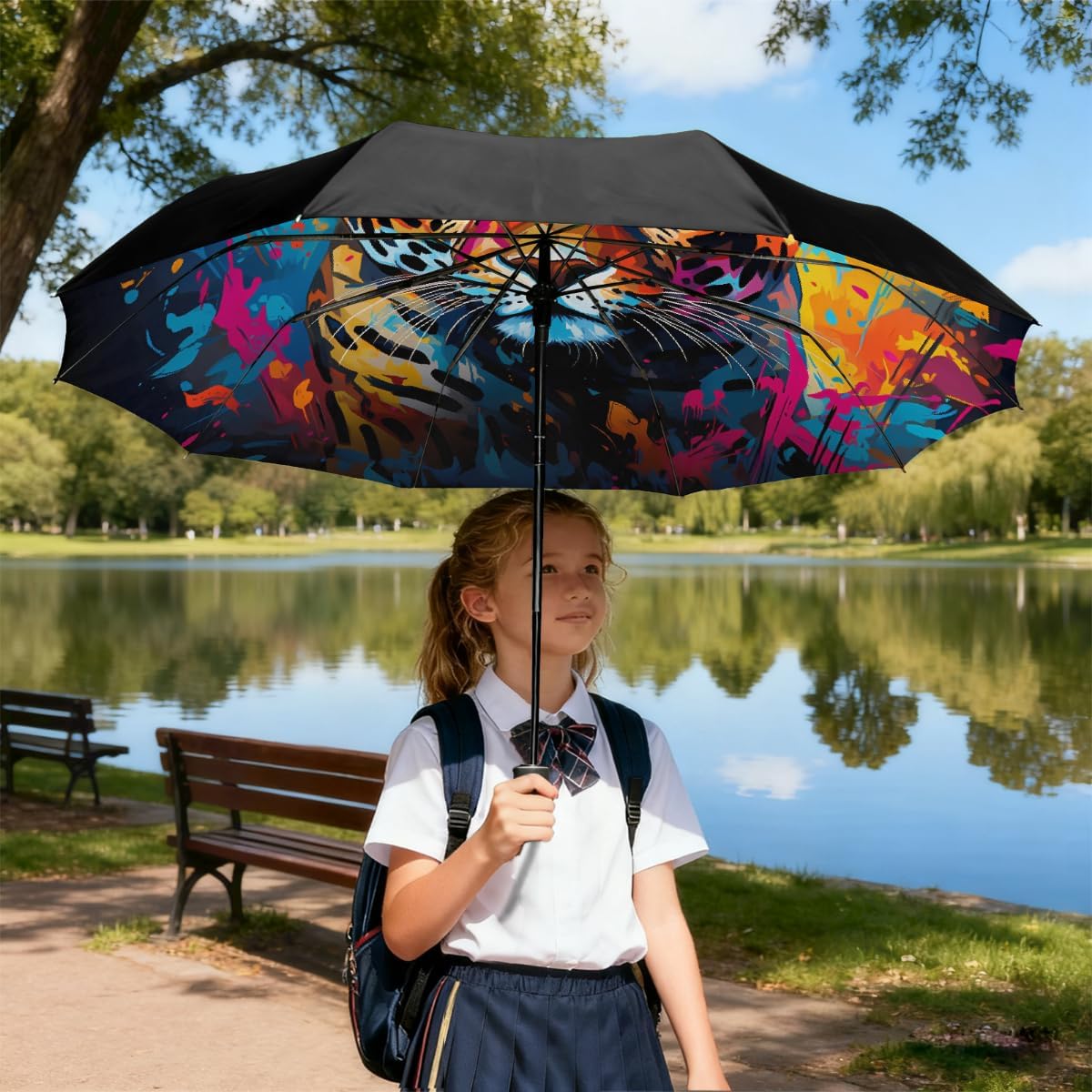 Abstract Painting Leopard Folding Umbrella Windproof Compact Lightweight Travel Umbrella with 8 Reinforced Ribs, Portable UV Sun & Rain Protection for Men & Women