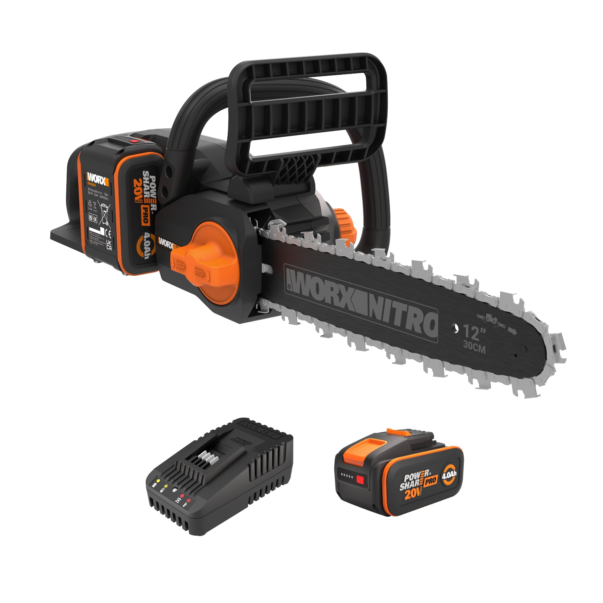 Worx WG350E Motosierra Nitro Brushless 40V 30cm 1 Batería | Espada 30cm, 10m/s, auto-tensado, cambio cadena sin herramientas, freno anti-retroceso, 4Ah